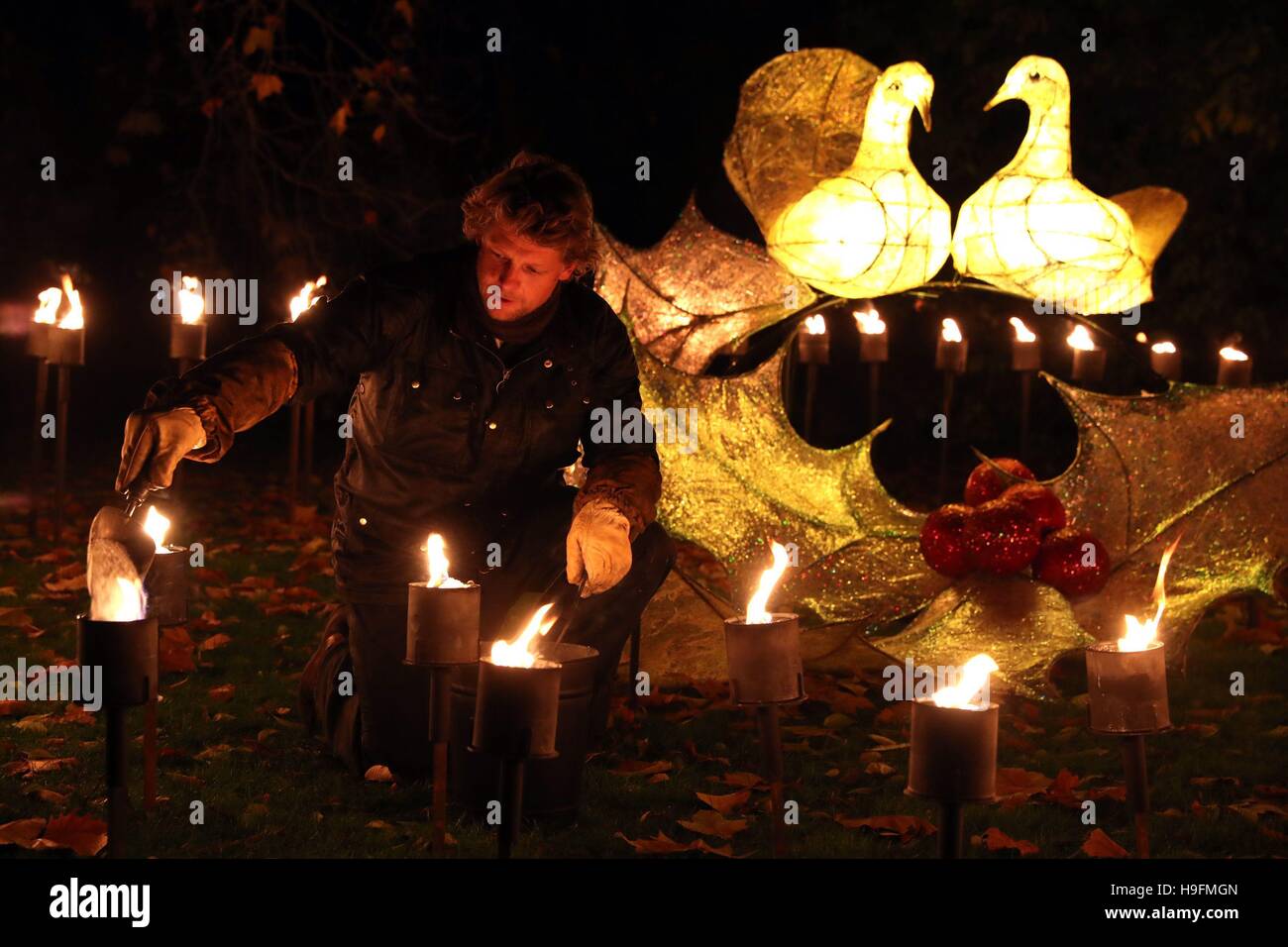 Fires are lit in the Fire Garden, which depicts the Five Gold rings from the Twelve Days of