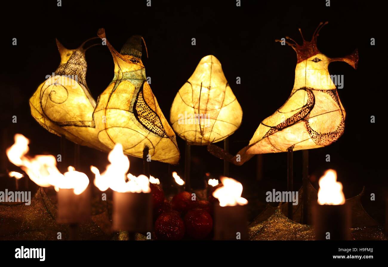 Fires are lit in the Fire Garden, which depicts the Five Gold rings from the Twelve Days of