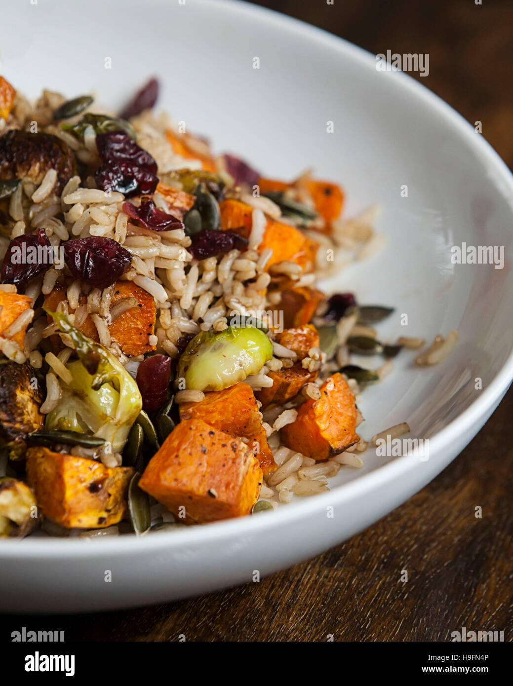 Roasted sweet potato, brussels sprouts, and cranberries with brown rice