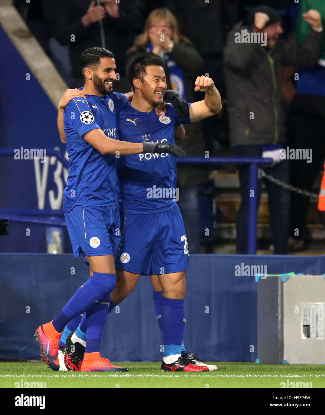 Leicester City S Shinji Okazaki Celebrates Scoring His Sides Opening Goal With Riyad Mahrez Left During The Uefa Champions League Group Stage Match At The King Power Stadium Leicester Stock Photo Alamy
