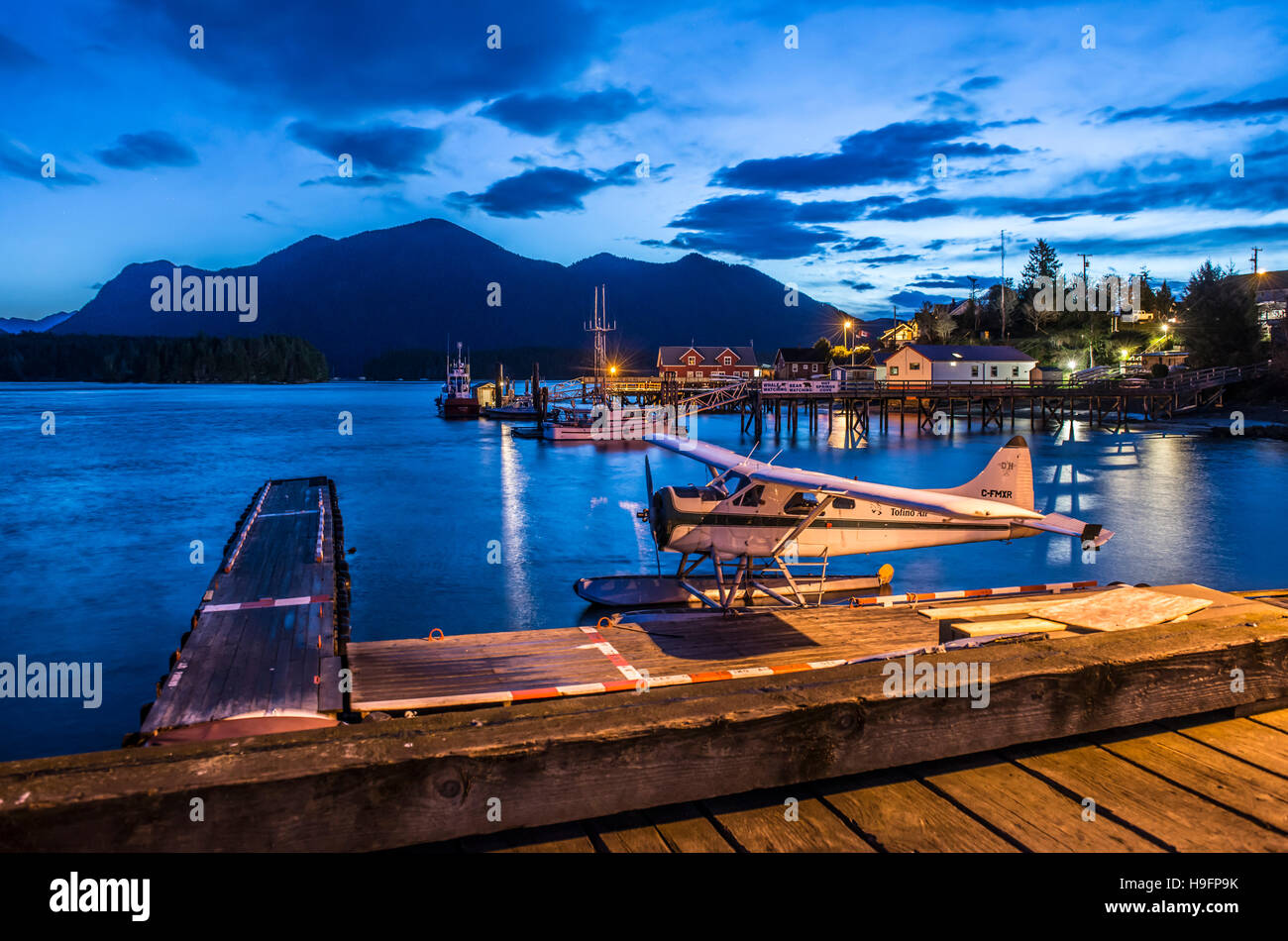 Dawn in Tofino and the downtown waterfront. Stock Photo