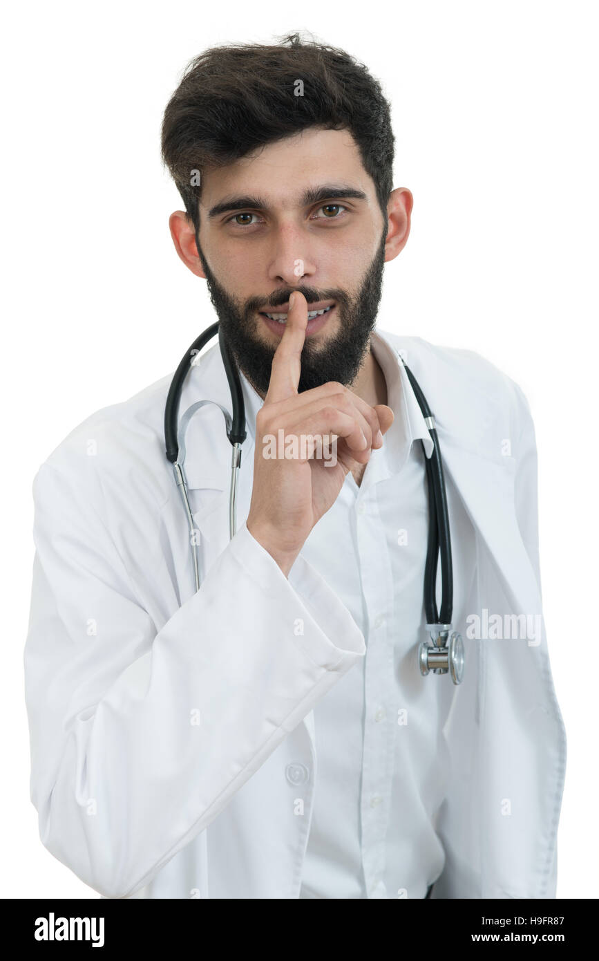 Serious male doctor instruct to keep silence stock photo alamy