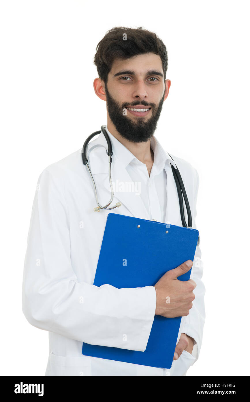 Male Doctor standing with folder, isolated on white background Stock ...