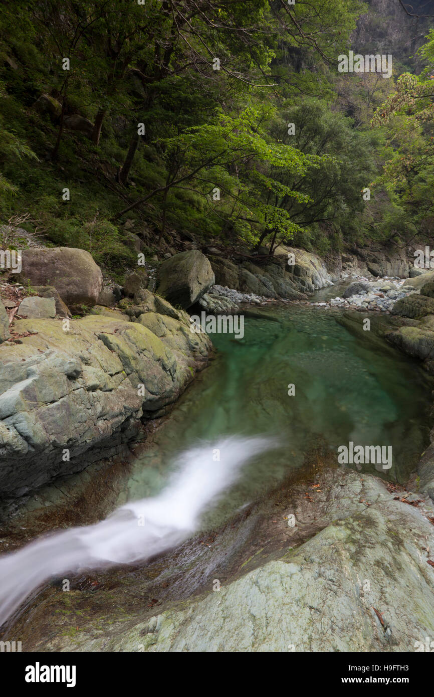 A natural pool formed in a river at Bai Shui Jiang, a nature reserve in Gansu province in west China. Stock Photo