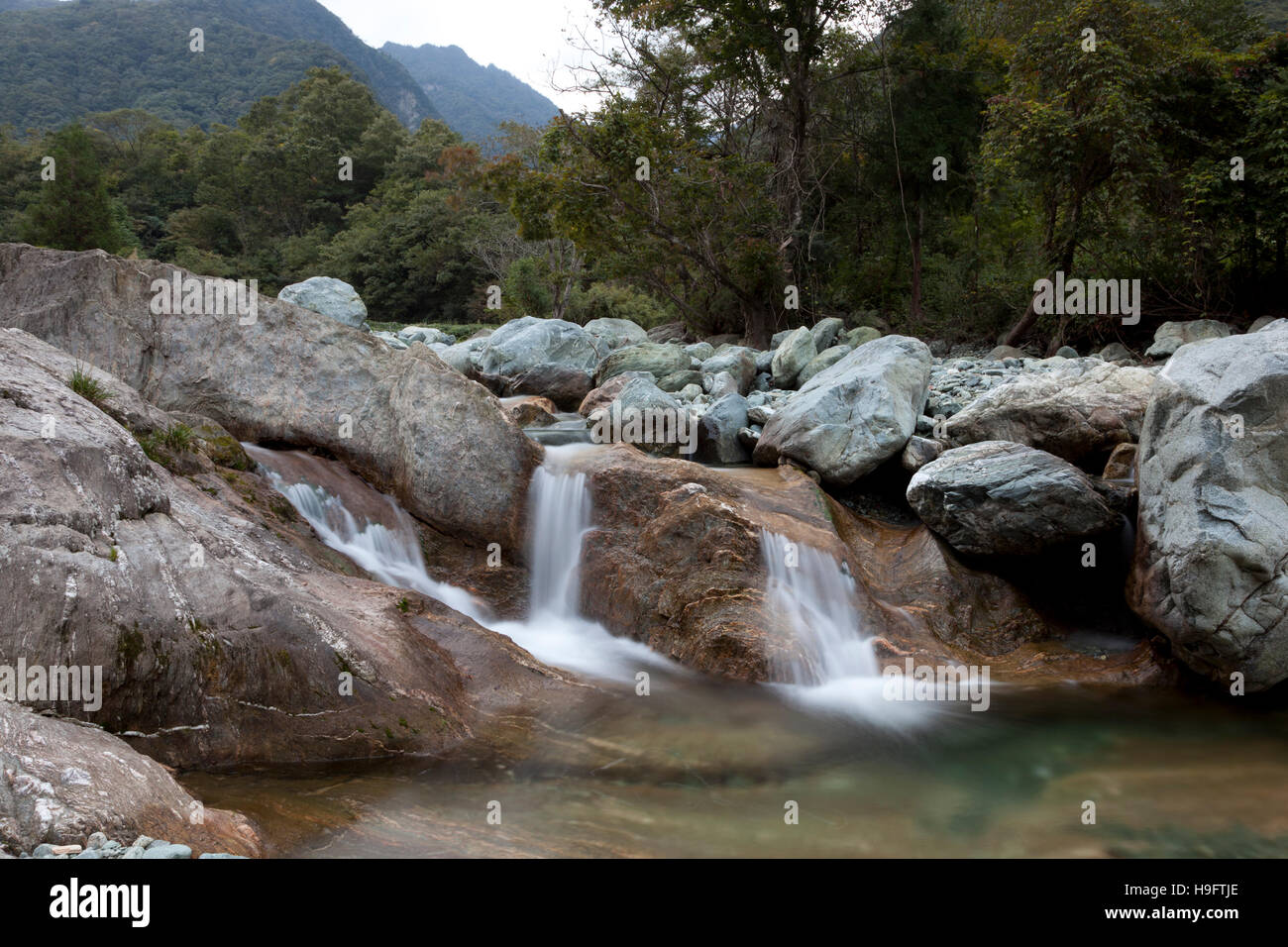 A waterfall on Bai Shui Jiang, a nature reserve in Gansu province in west China. Stock Photo