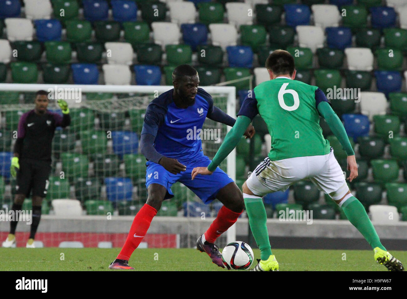 National Football Stadium at Windsor Park, Belfast. 11th October 2016. Northern Ireland 0 France 3 (UEFA European U21 Championship - Qualifying game Group C). Tiemoué Bakayoko (7-blue) in action for France. Stock Photo