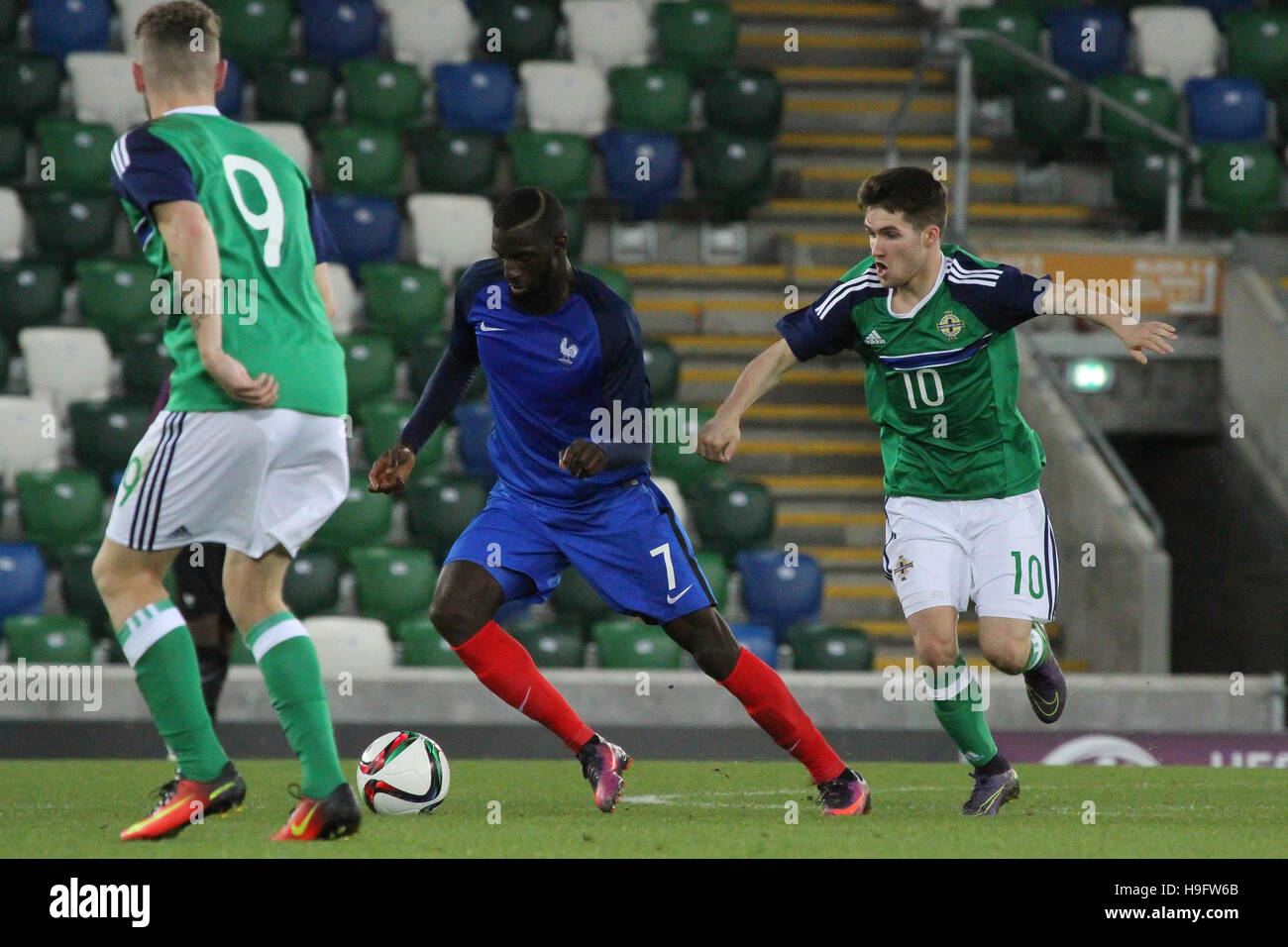 National Football Stadium at Windsor Park, Belfast. 11th October 2016. Northern Ireland 0 France 3 (UEFA European U21 Championship - Qualifying game Group C). Tiemoué Bakayoko (7-blue) in action for France. Stock Photo