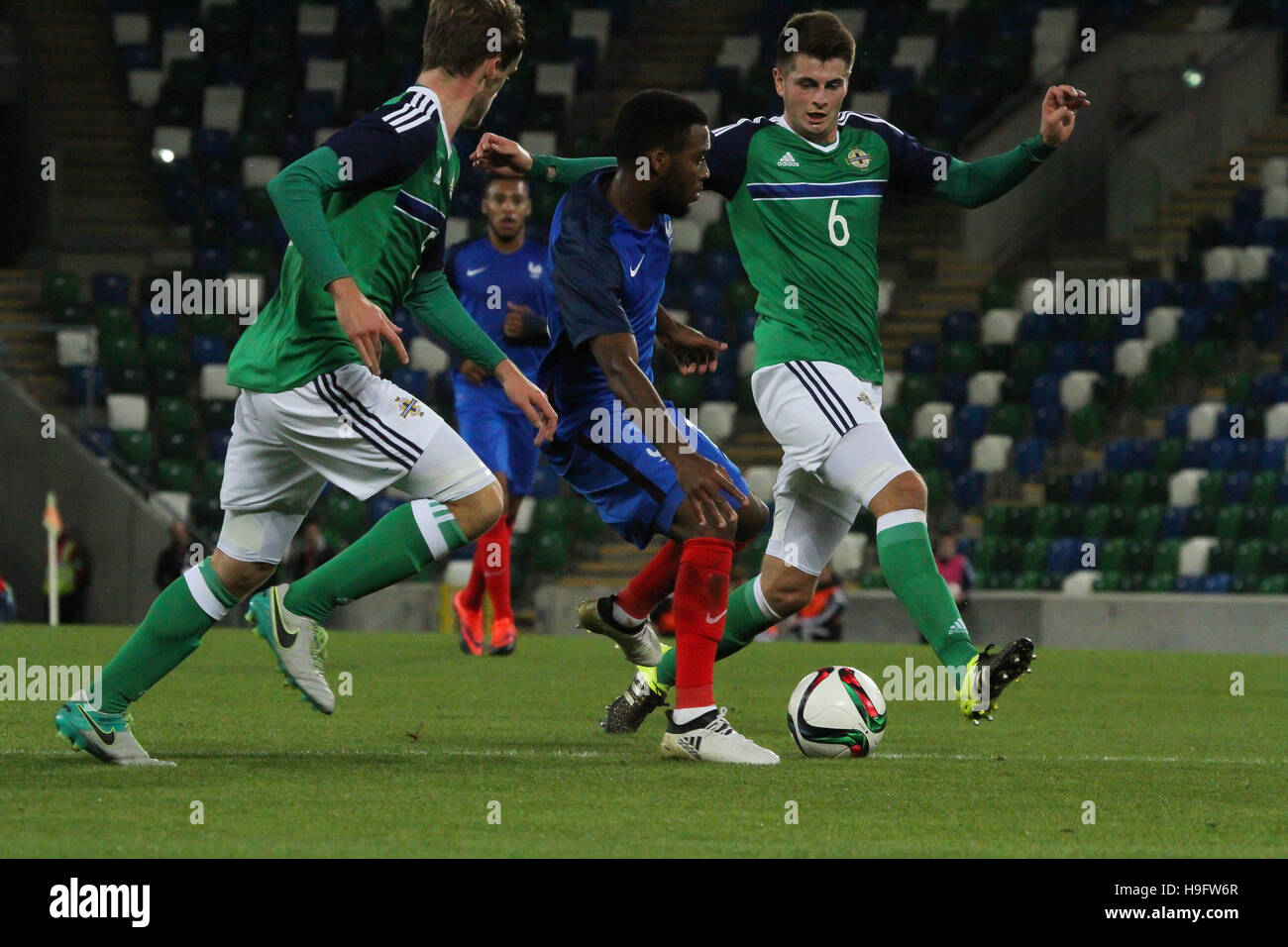 National Football Stadium at Windsor Park, Belfast. 11th October 2016. Northern Ireland 0 France 3 (UEFA European U21 Championship - Qualifying game Group C). Thomas Lemar (14-blue) in action for France. Stock Photo
