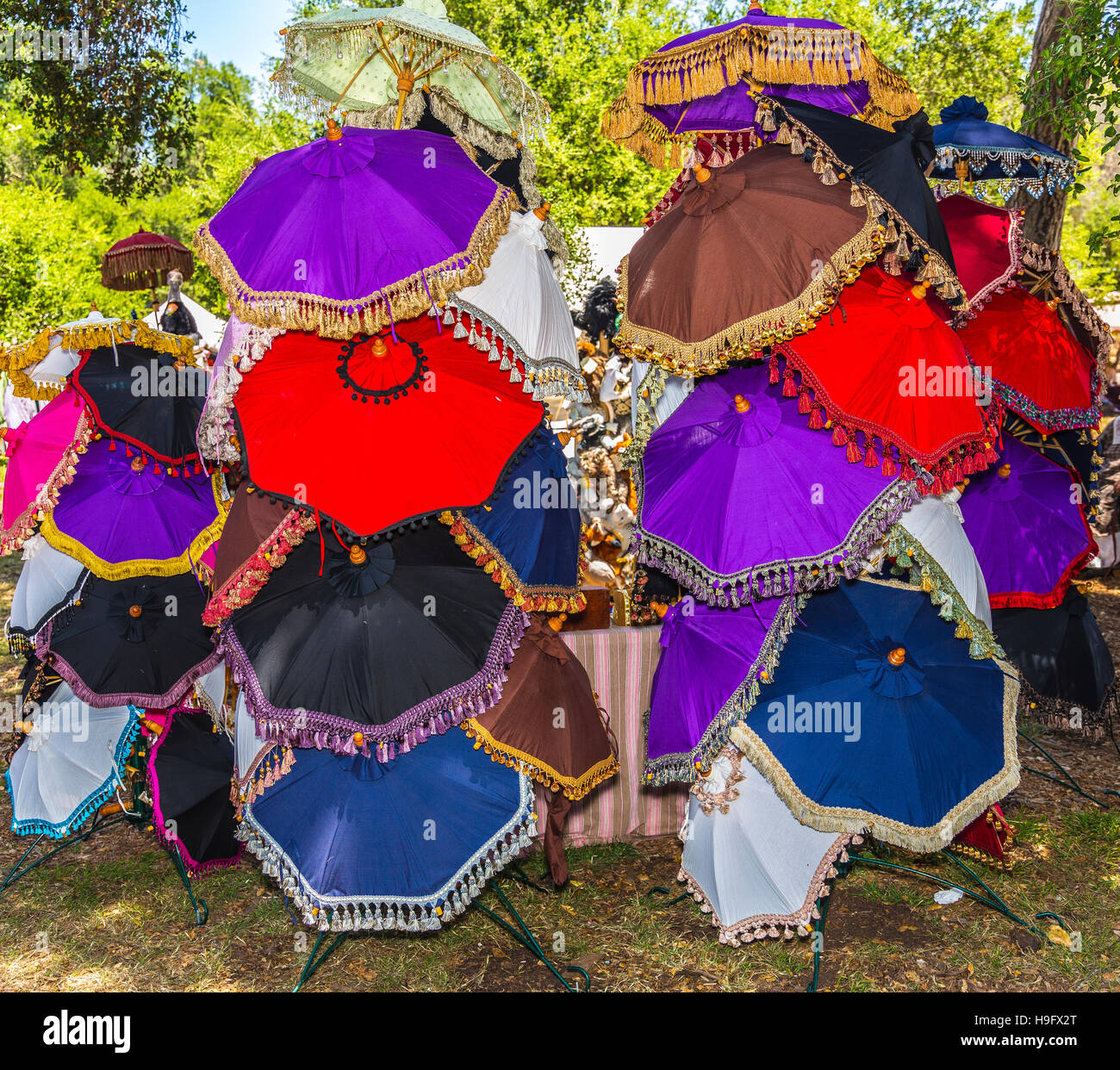 colorful umbrellas at renaissance faire Stock Photo Alamy