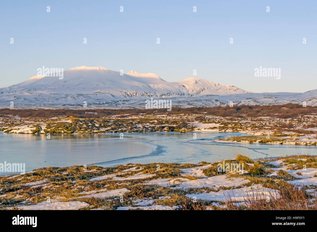 Thingvallavatan Lake scenic winter landscape mountains  Thingvellir National Park, south Iceland. Stock Photo