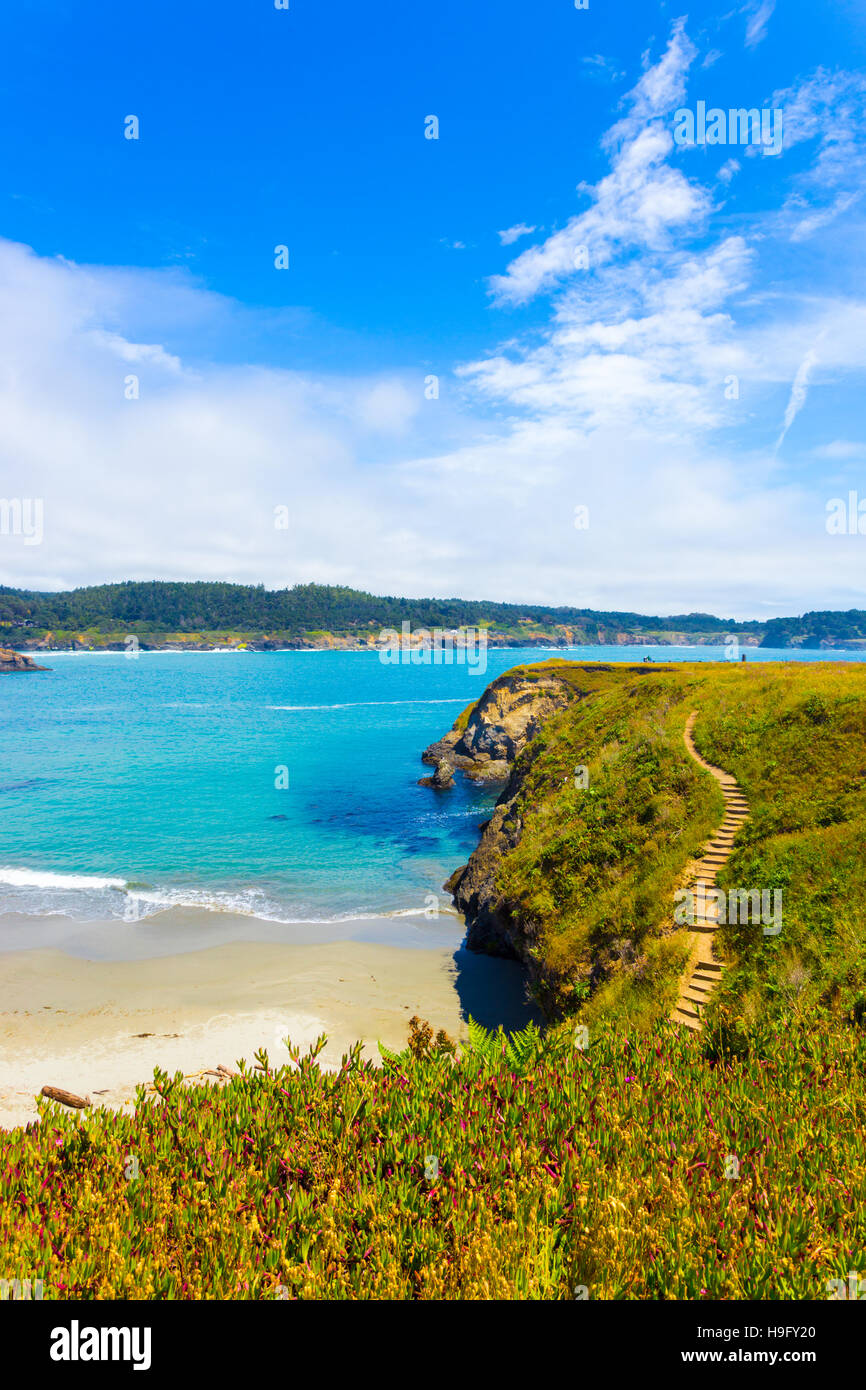 Beautiful rocky coastline and steps leading to sand beach below cliffs near Mendocino Bay on sunny day in California. Vertical Stock Photo