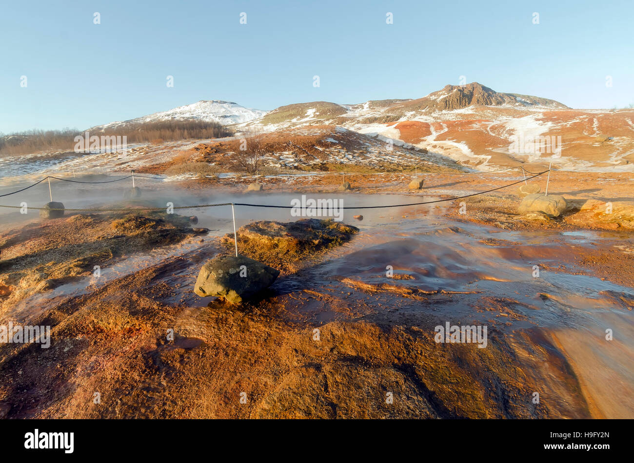 Geysir geothermal area with numerous hot springs, famous landmark attraction Golden Circle Tour Iceland Stock Photo