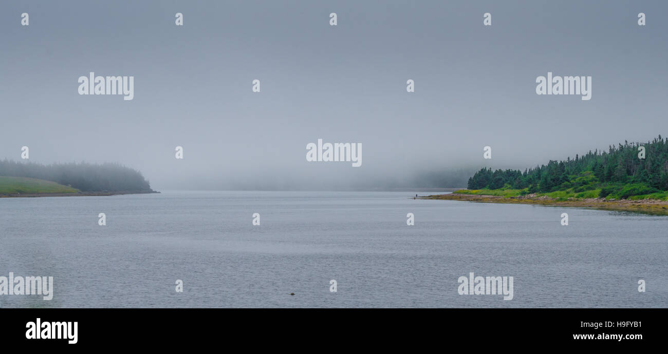 Heavy dull fog sees two fishermen in the distance near the wood's edge at low tide on the shoreline. Stock Photo