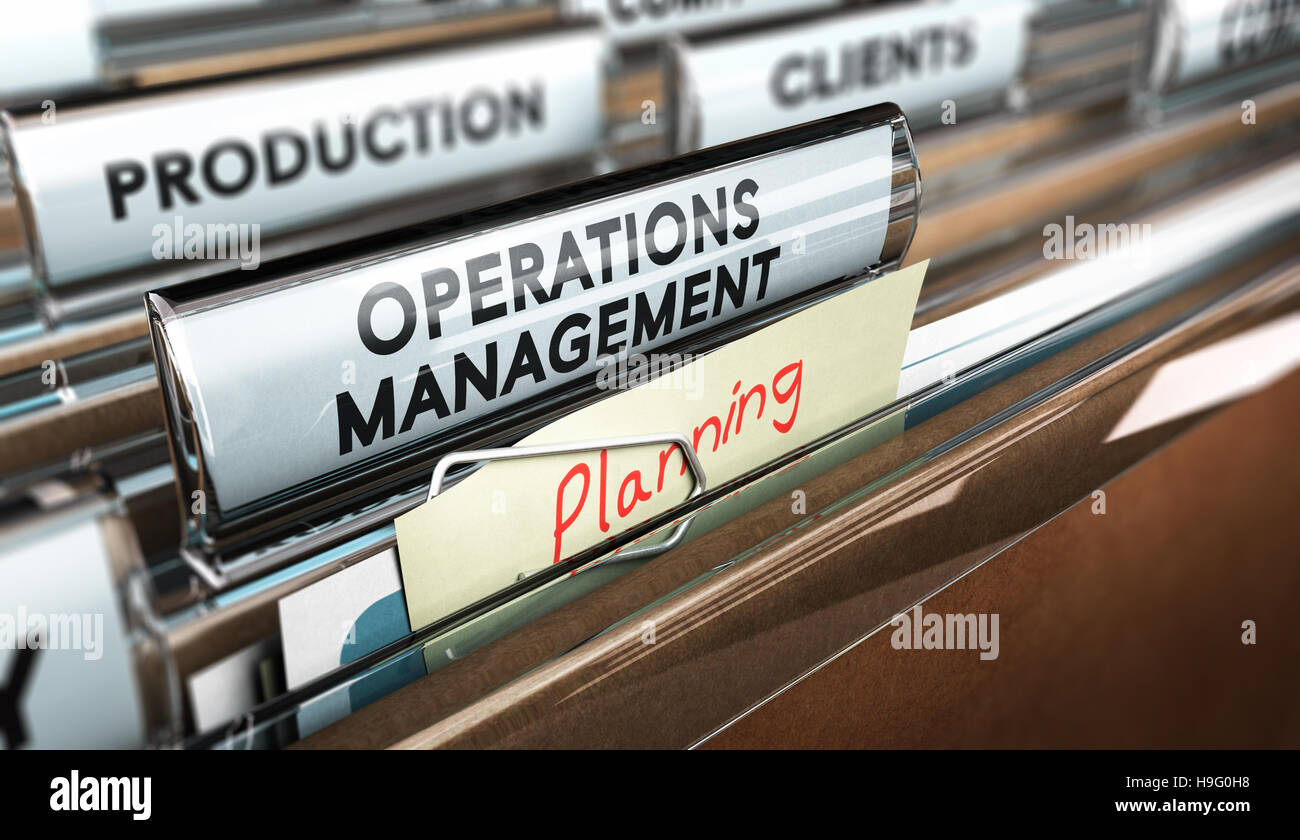 3D illustration of a folder, focus on a tab with the text operations management and a note with the word planning. concept of production process organ Stock Photo