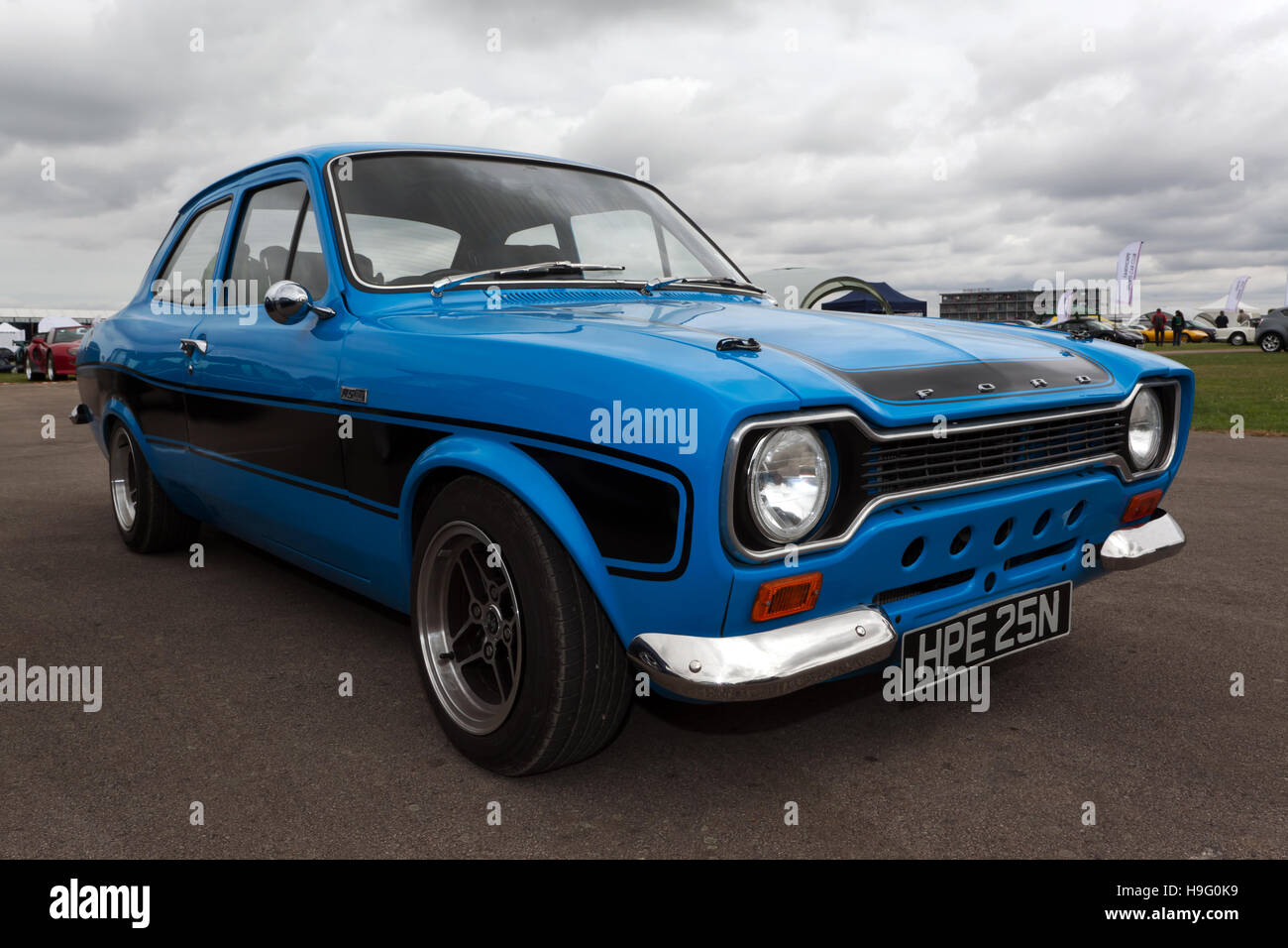 Three-quarter view of a 1975 Ford Escort RS2000 Mk1, in the RS owners club zone of the 2016 Silverstone Classic Stock Photo