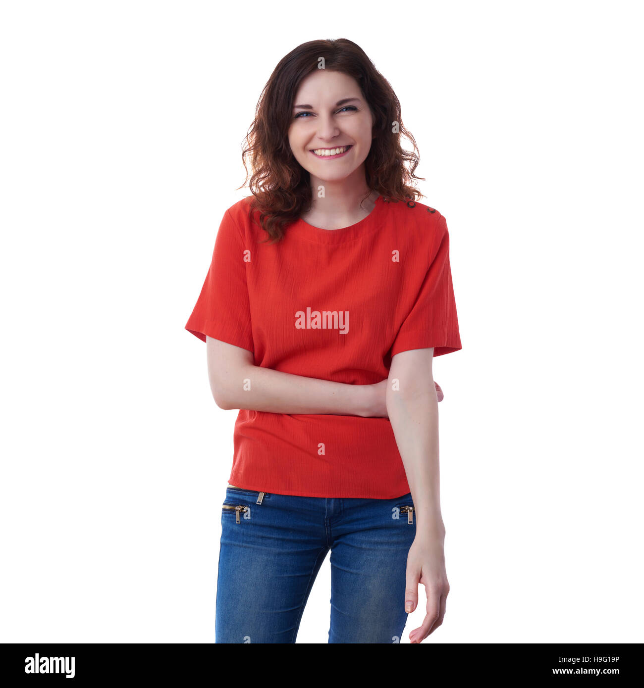 Smiling young woman over white isolated background Stock Photo - Alamy
