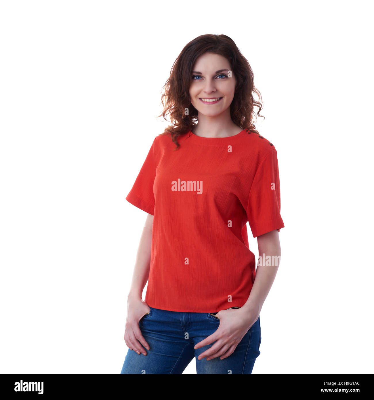 Smiling young woman over white isolated background Stock Photo - Alamy