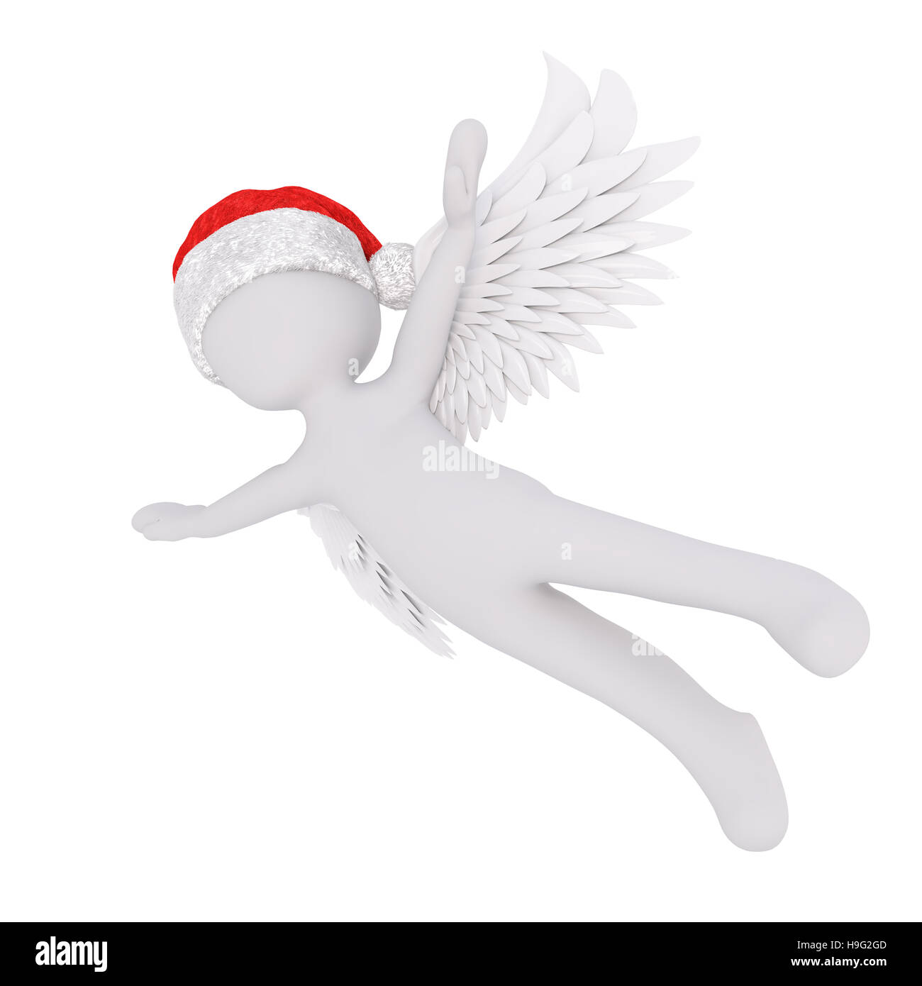 3d angel with wings wearing a festive red santa hat flying through the air with outstretched arms in a christmas concept, rendered illustration Stock Photo