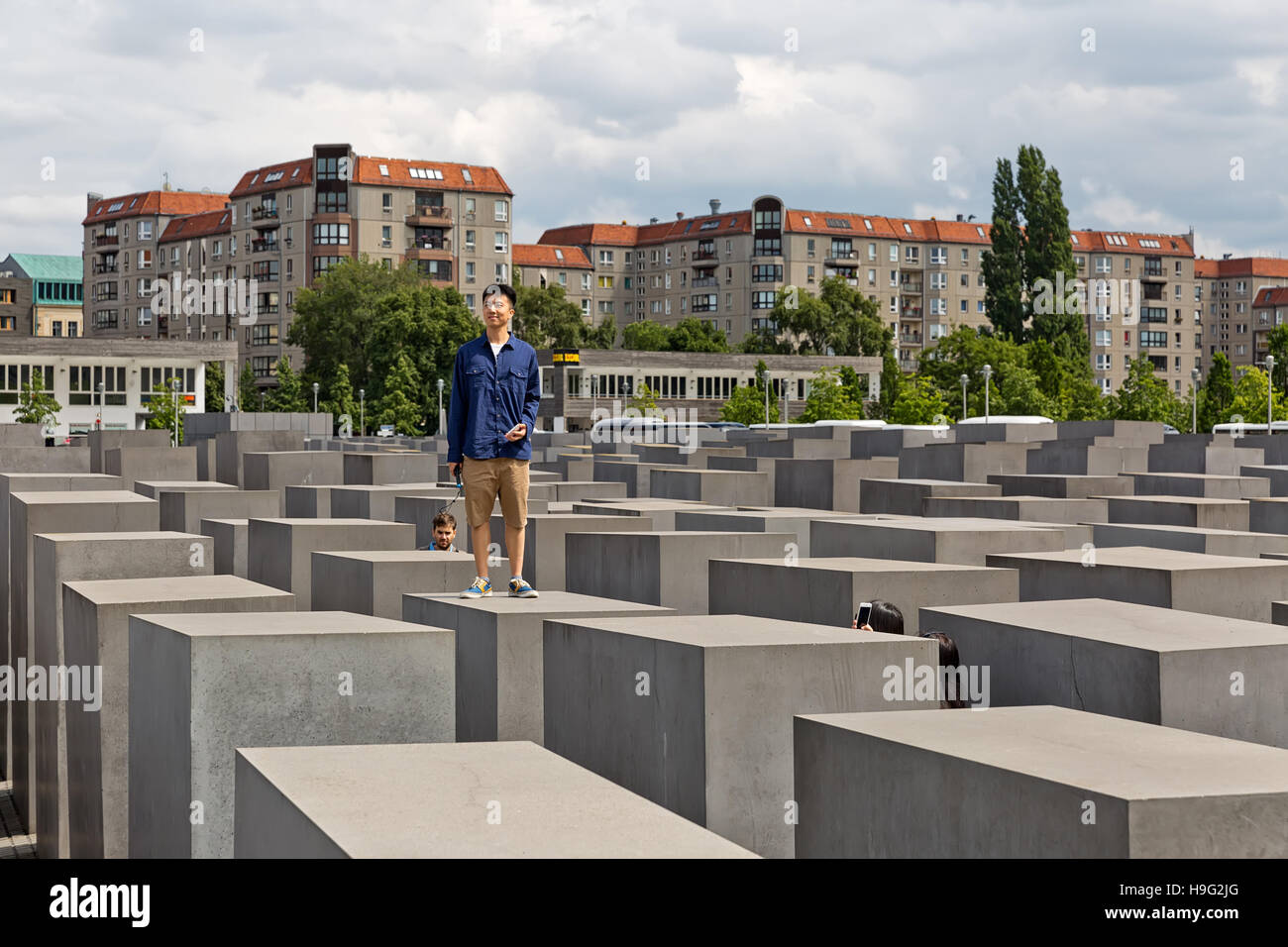BERLIN, GERMANY - JULY 2015:  View of famous Jewish Holocaust Memorial near Brandenburg Gate in summer on July 27, 2015 in Berlin Mitte, Germany Stock Photo