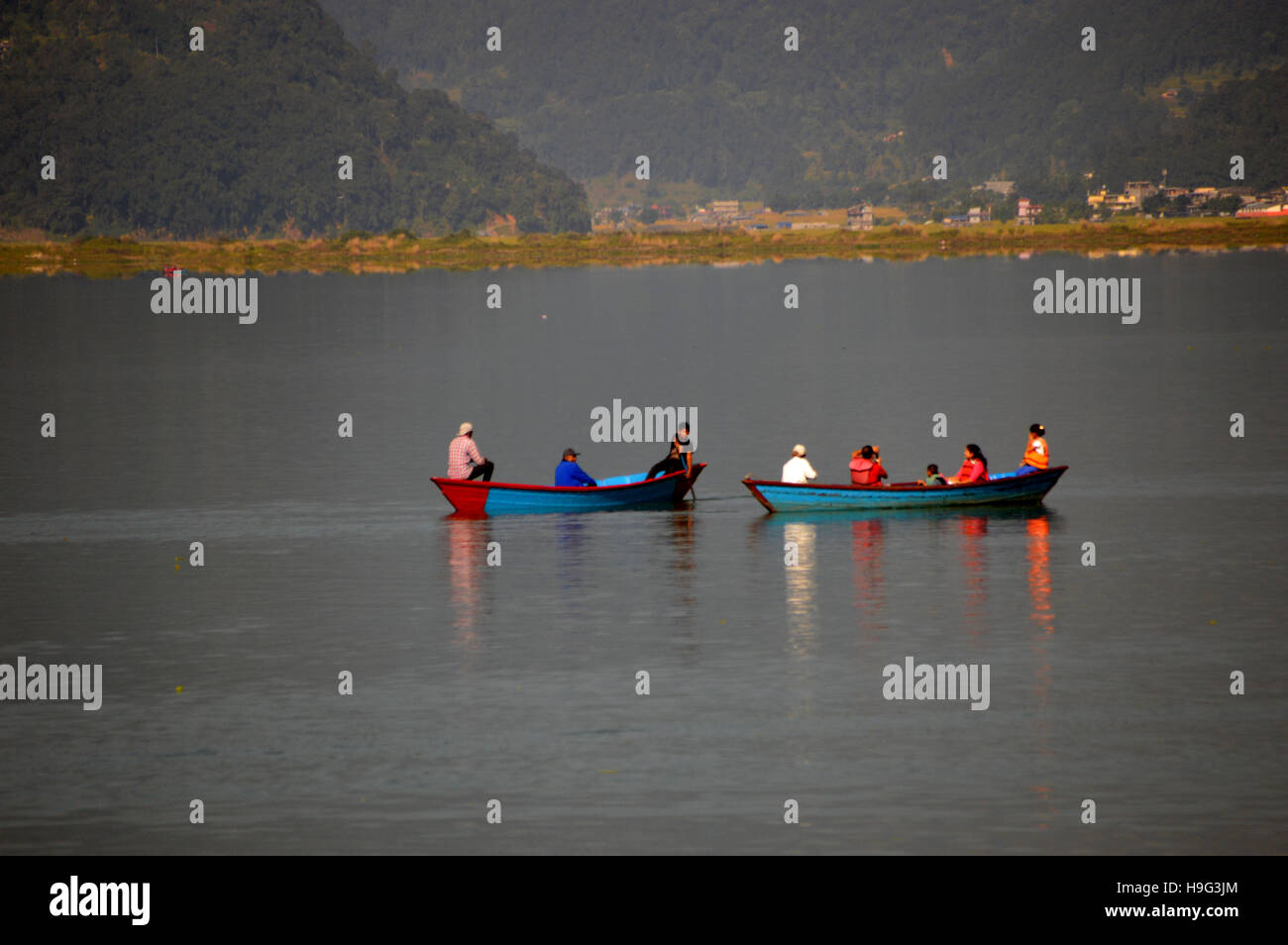 Pleasure Boats on Pokhara Lake (Phewa Tal) Nepal, Asia. Stock Photo