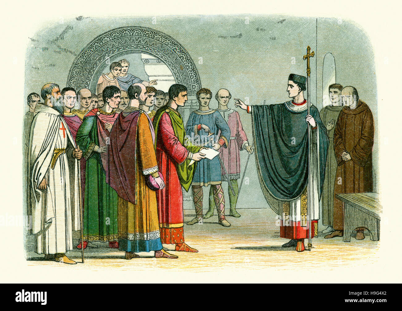 Thomas Becket forbids the Earl of Leicester to pass sentence on him. Doyle's A Chronicle of England. Stock Photo