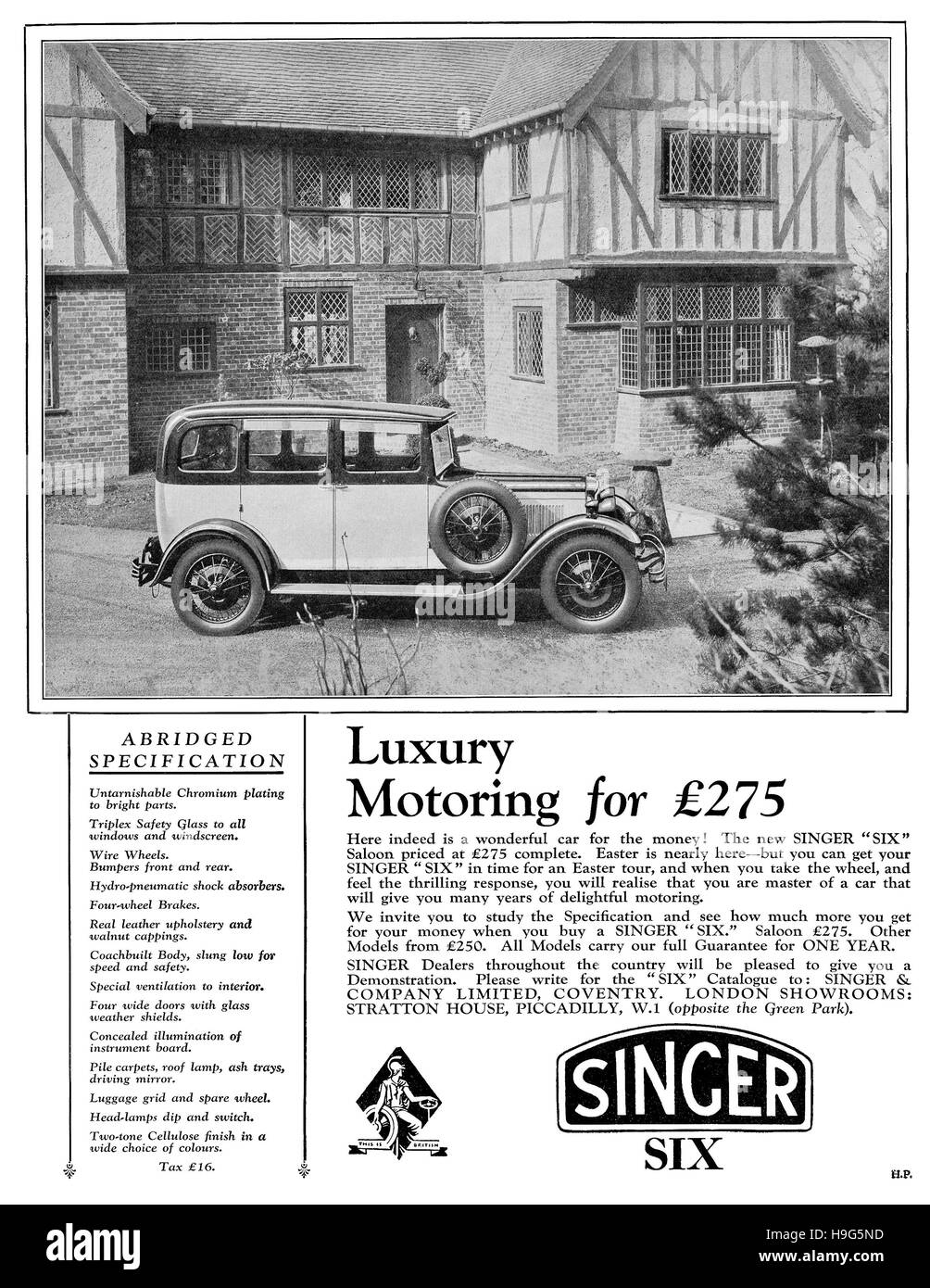 1930 British advertisement for the Singer Six motor car Stock Photo