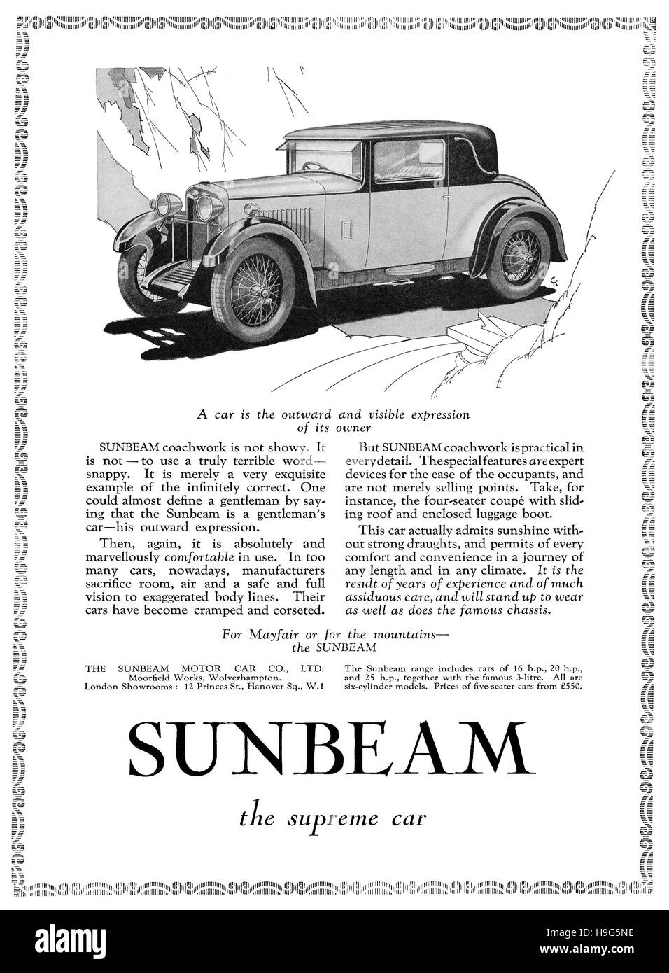 1930 British advertisement for the Sunbeam motor car Stock Photo