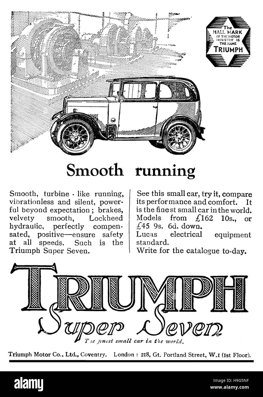 1930 British advertisement for the Triumph Super Seven motor car Stock Photo