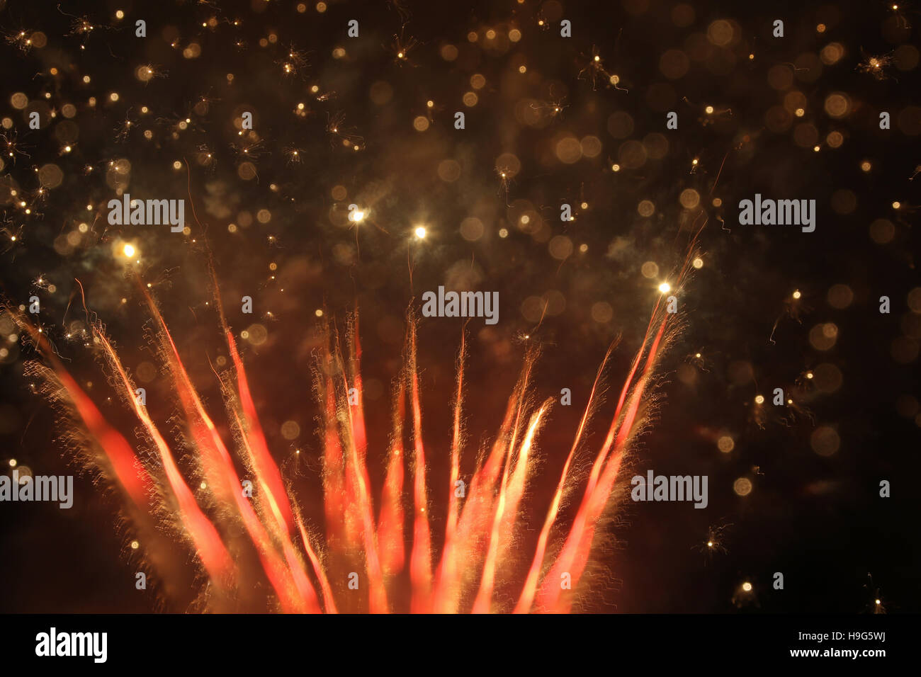 Focus Shift Fireworks. North Manchester, Indiana, USA. Fireworks burst with focus change during