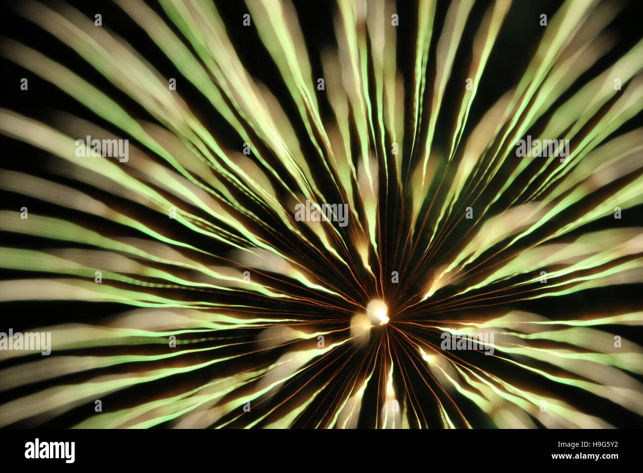 Focus Shift Fireworks. North Manchester, Indiana, USA. Fireworks burst with focus change during the burst. Stock Photo