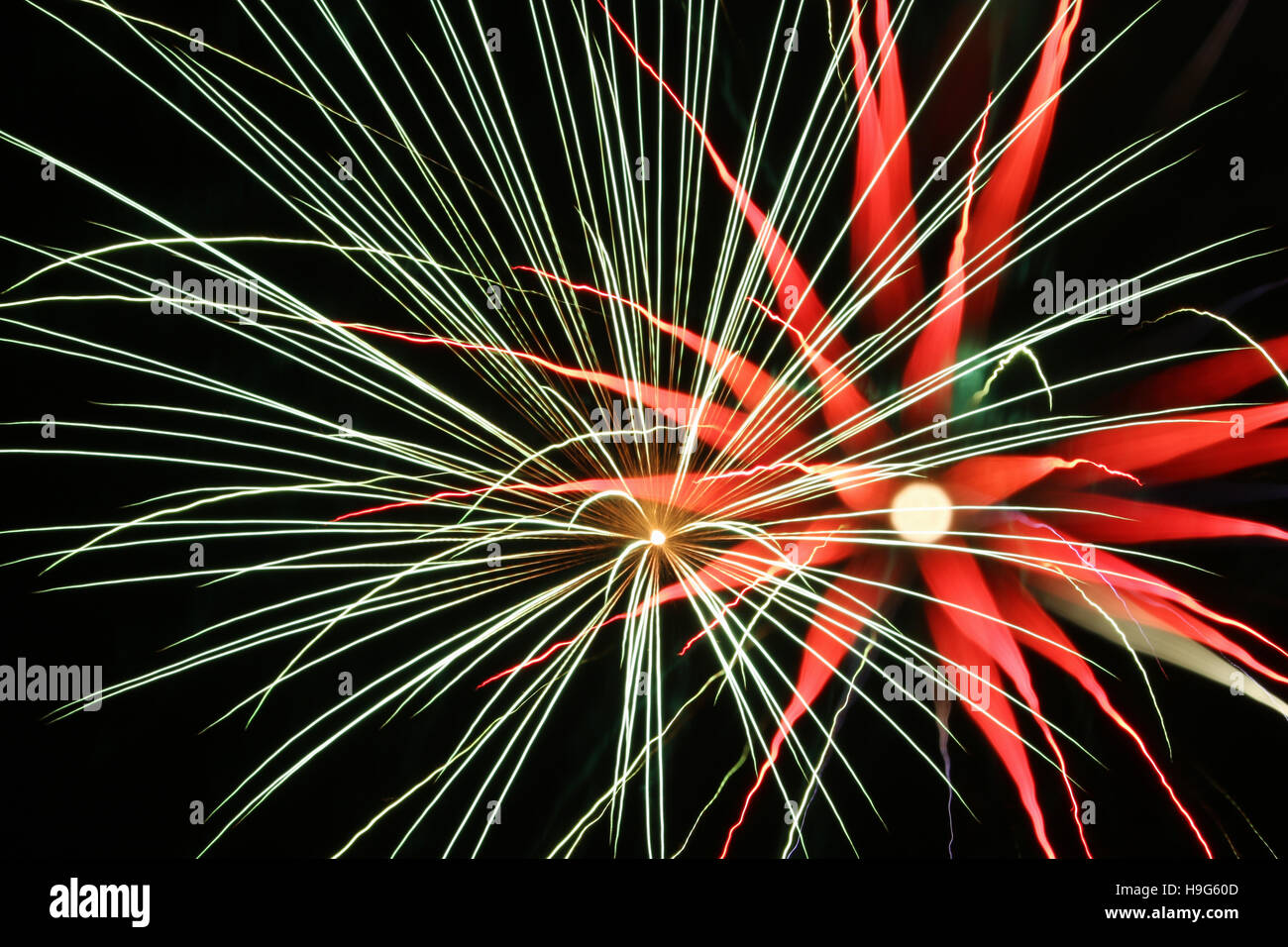 Focus Shift Fireworks. North Manchester, Indiana, USA. Fireworks burst with focus change during