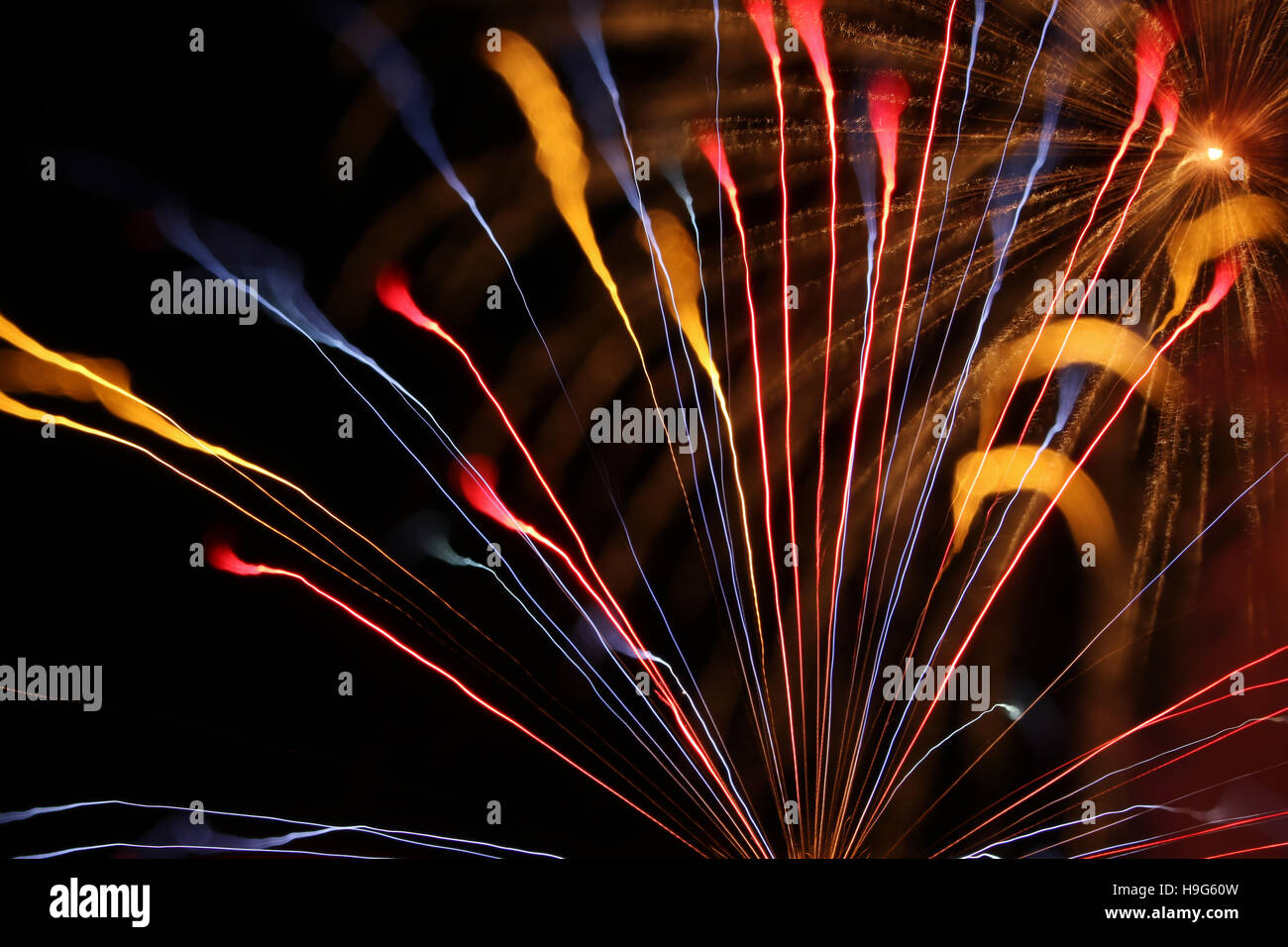 Focus Shift Fireworks. North Manchester, Indiana, USA. Fireworks burst with focus change during