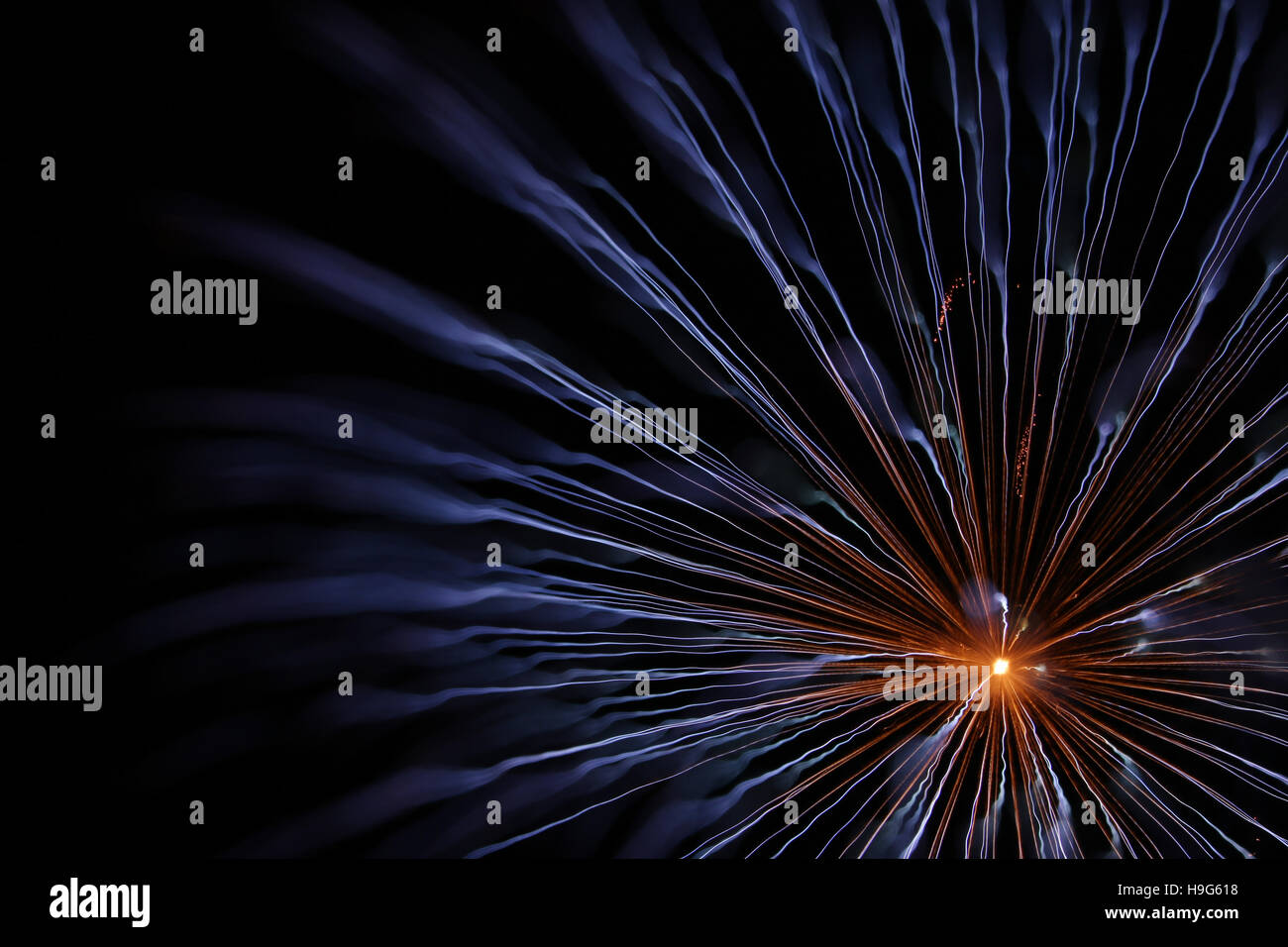 Focus Shift Fireworks. North Manchester, Indiana, USA. Fireworks burst with focus change during