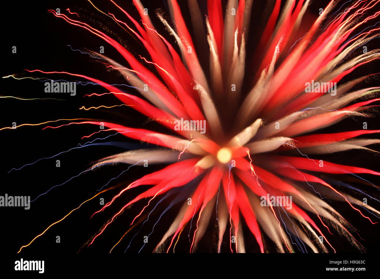 Focus Shift Fireworks. North Manchester, Indiana, USA. Fireworks burst with focus change during
