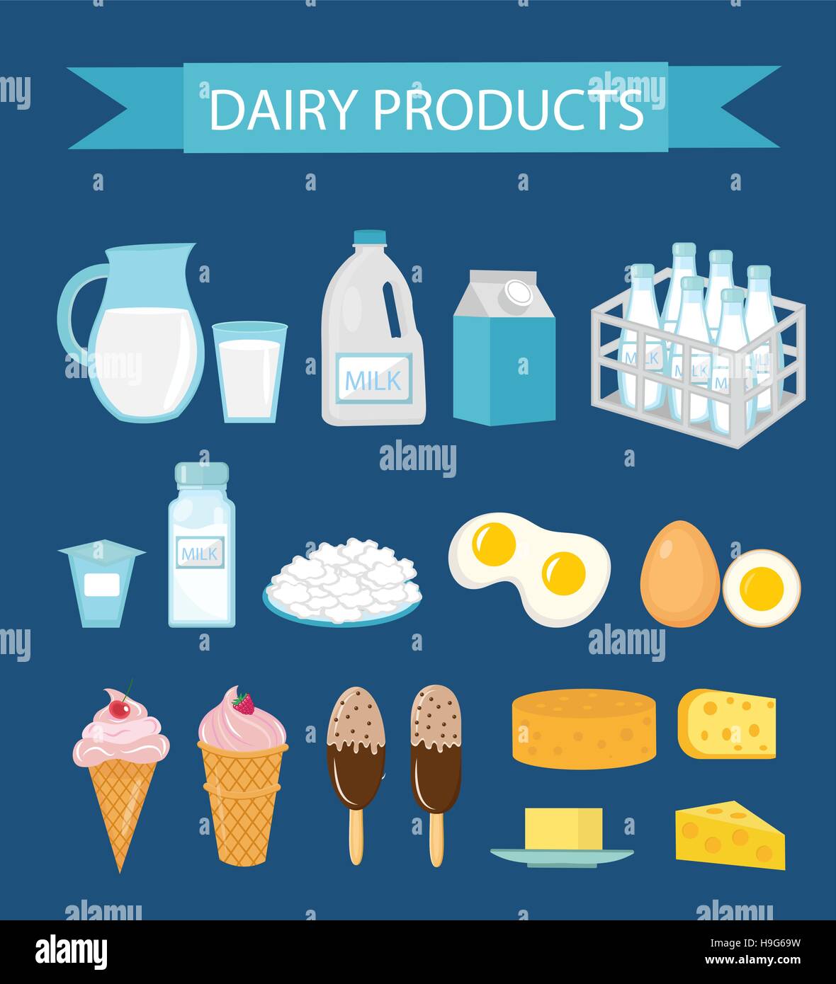 Dairy products icon set, flat style. Milk and Cheese collection. Farm foods. Vector illustration Stock Vector