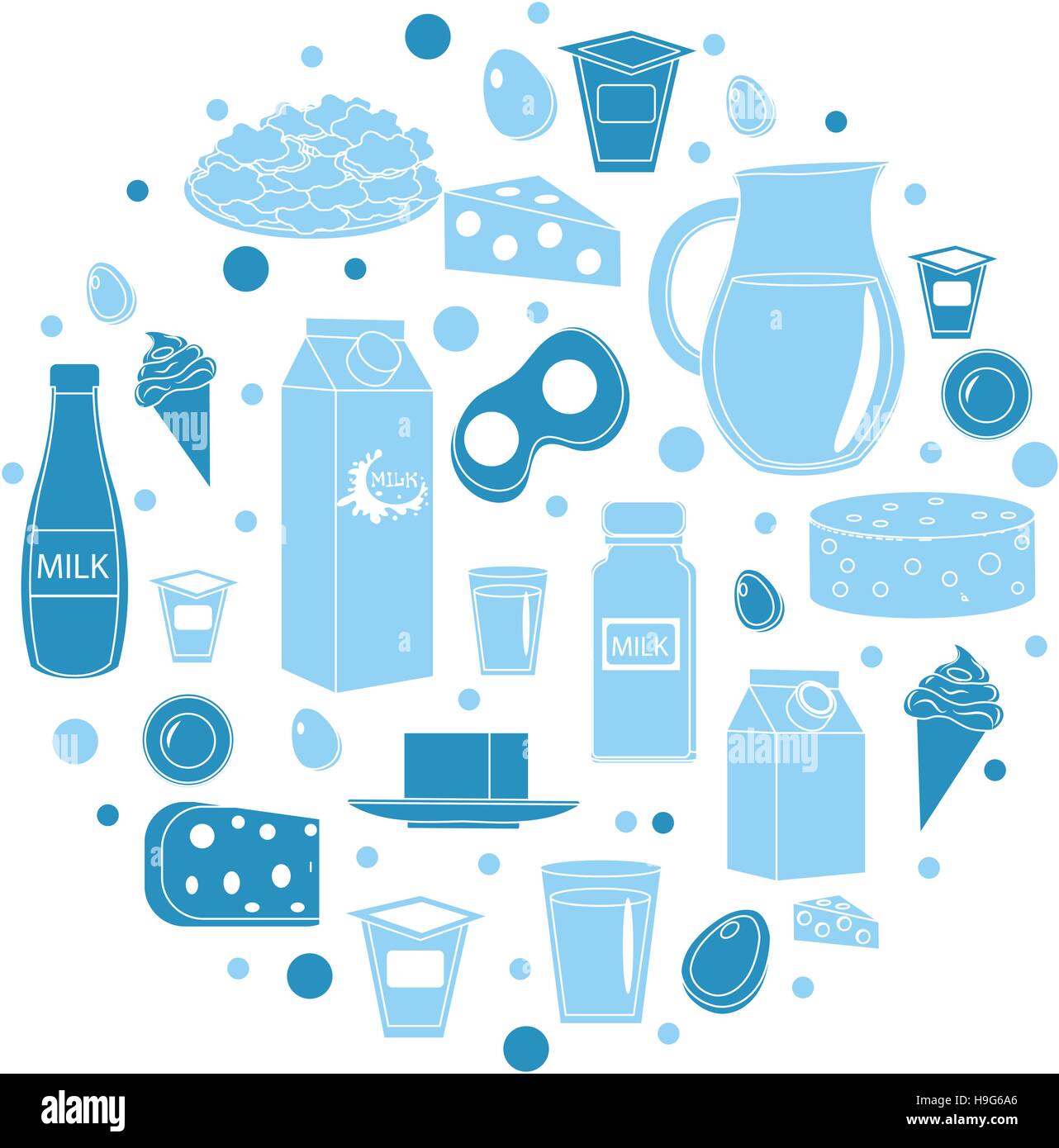 Dairy products icon set in round shape. Flat style. isolated on white ...