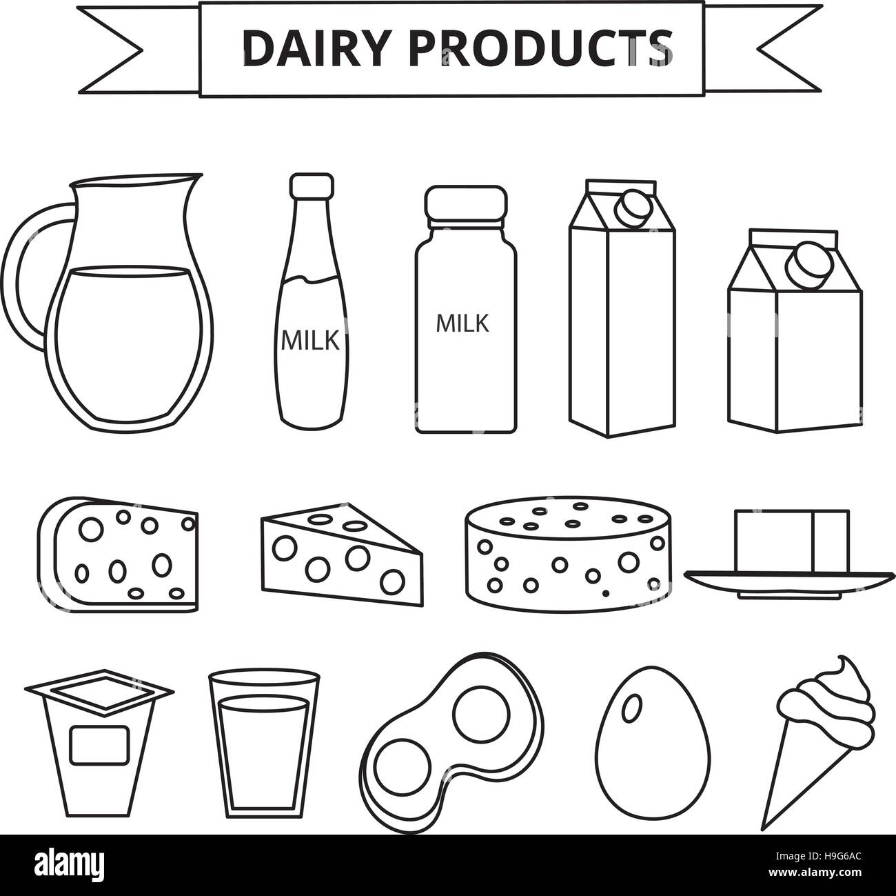Dairy products icon set. Modern, line, outline style. Milk  isolated on white background.  and Cheese collection. Farm foods. Vector illustration Stock Vector