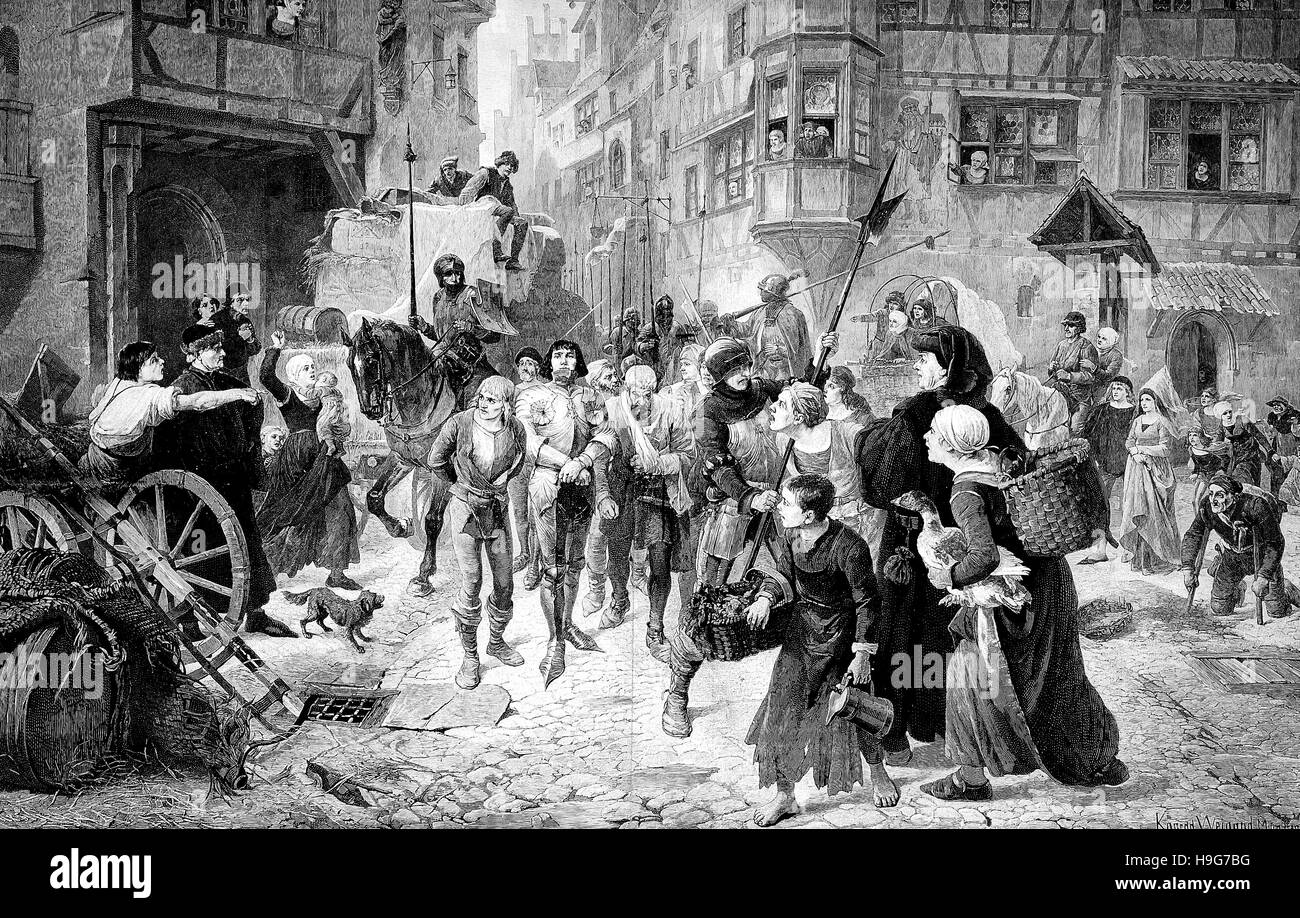 robber baron or robber knight, Raubritter, Schuettensam is captured and taken to Nuremberg, Germany Stock Photo