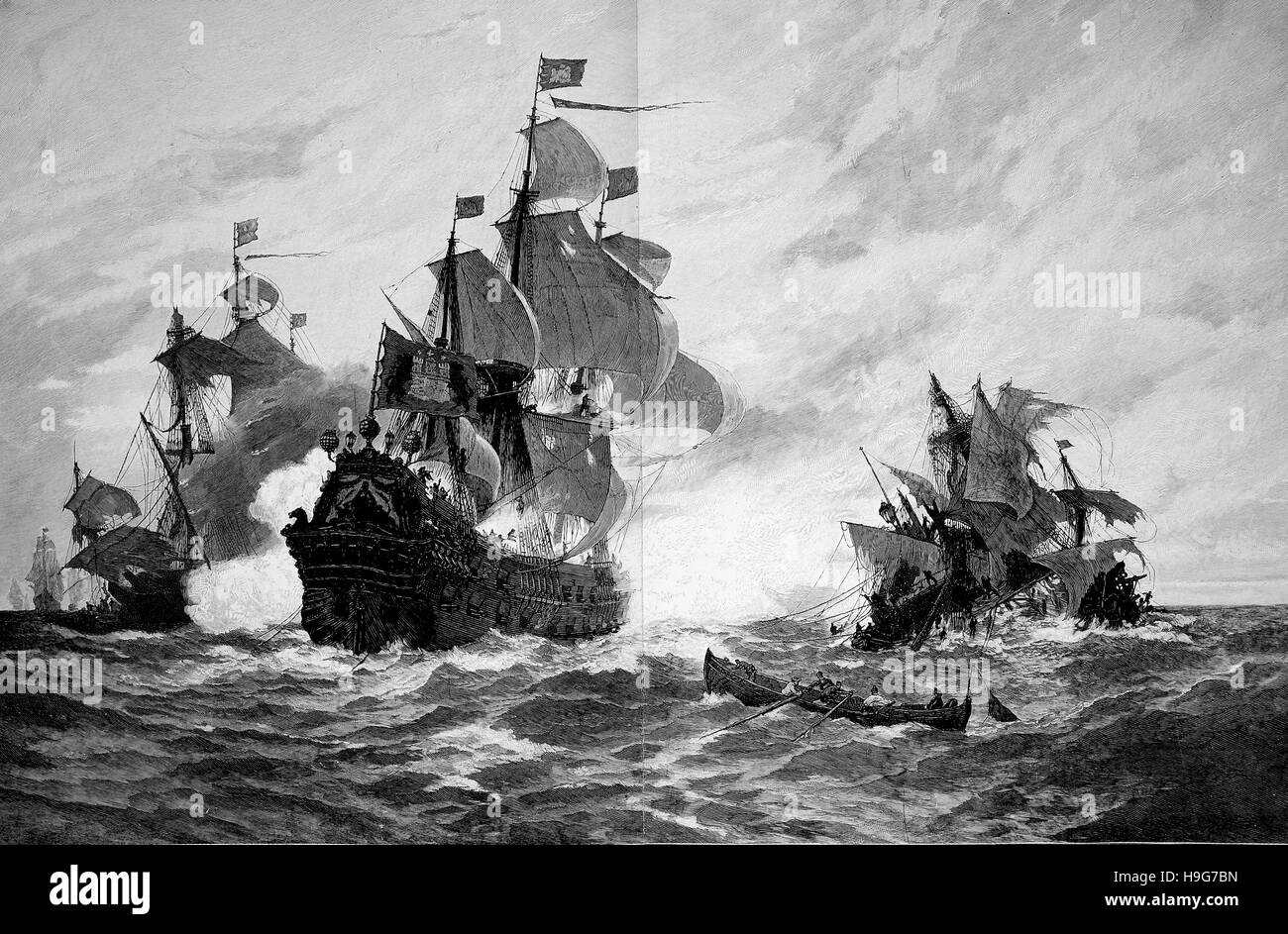 Berend Jacobsen Karpfanger, 1623 - 1683, and his ship, wins against 5 French ships Stock Photo