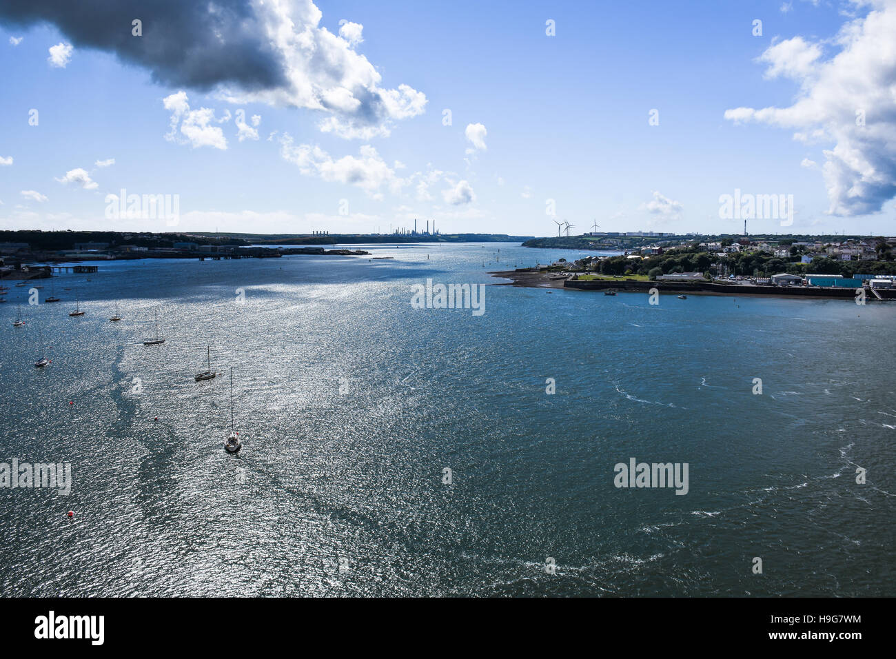 Dramatic view looking west down Milford Haven from the Cleddau bridge Stock Photo