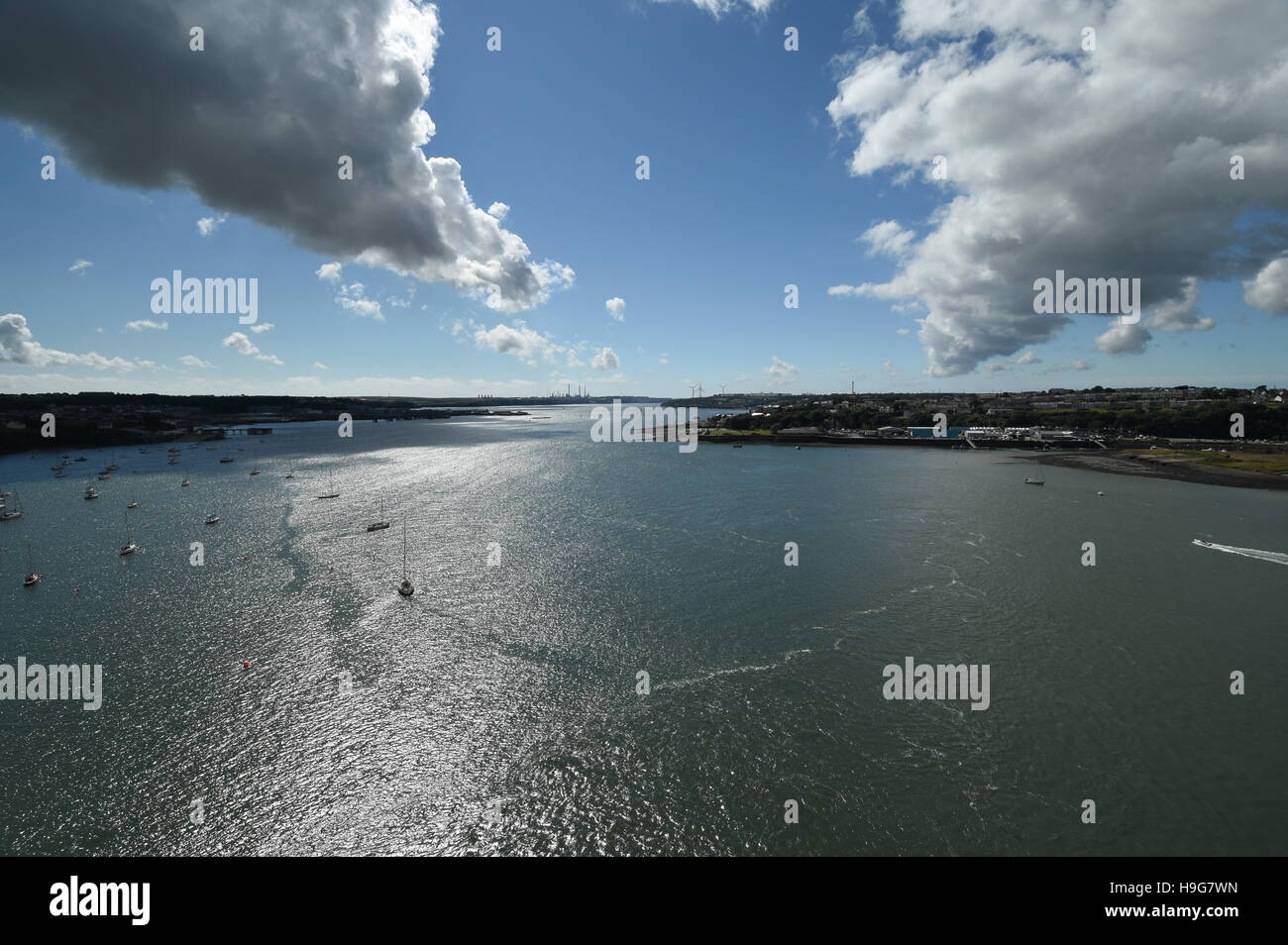 Dramatic view looking west down Milford Haven from the Cleddau bridge Stock Photo
