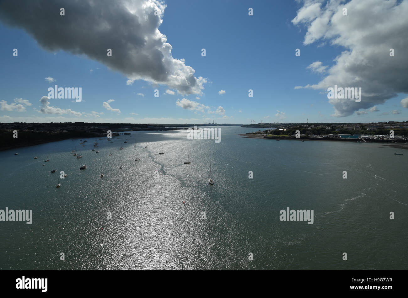 Dramatic view looking west down Milford Haven from the Cleddau bridge Stock Photo