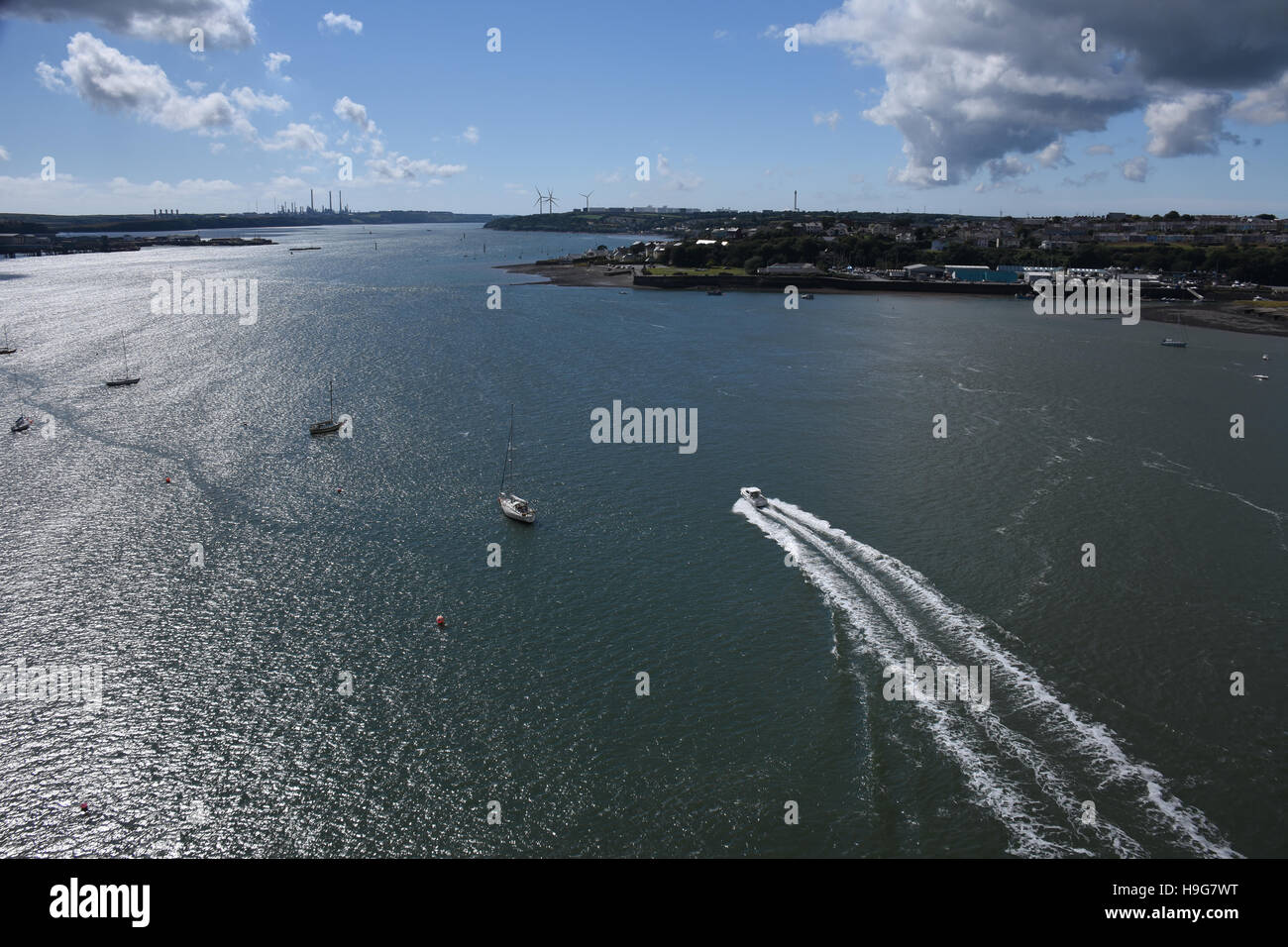 Dramatic view looking west down Milford Haven from the Cleddau bridge Stock Photo