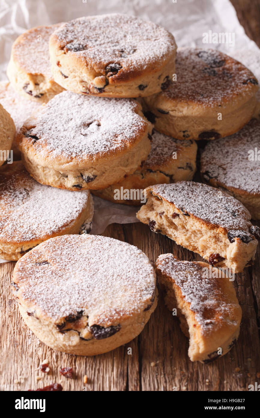 British biscuits Welsh cakes with raisins and powdered sugar closeup
