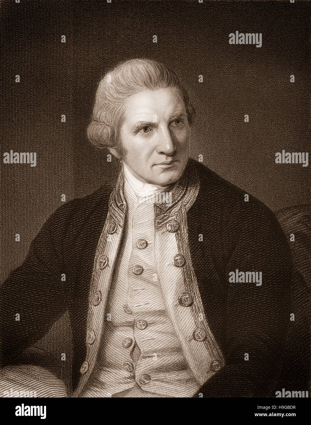 Steel engraving, c. 1860, portrait of Captain James Cook, 1728 - 1779, a British navigator and explorer, Stock Photo