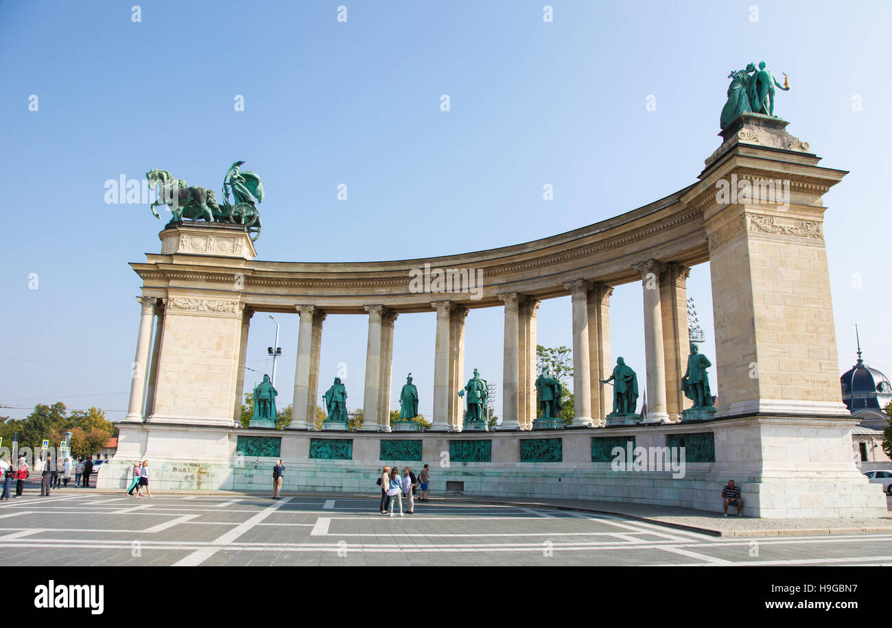 Colonnade at Heroes Square, one of the major squares in Budapest, Hungary, with statues representing Peace and the couple of Knowledge and Glory. Stock Photo