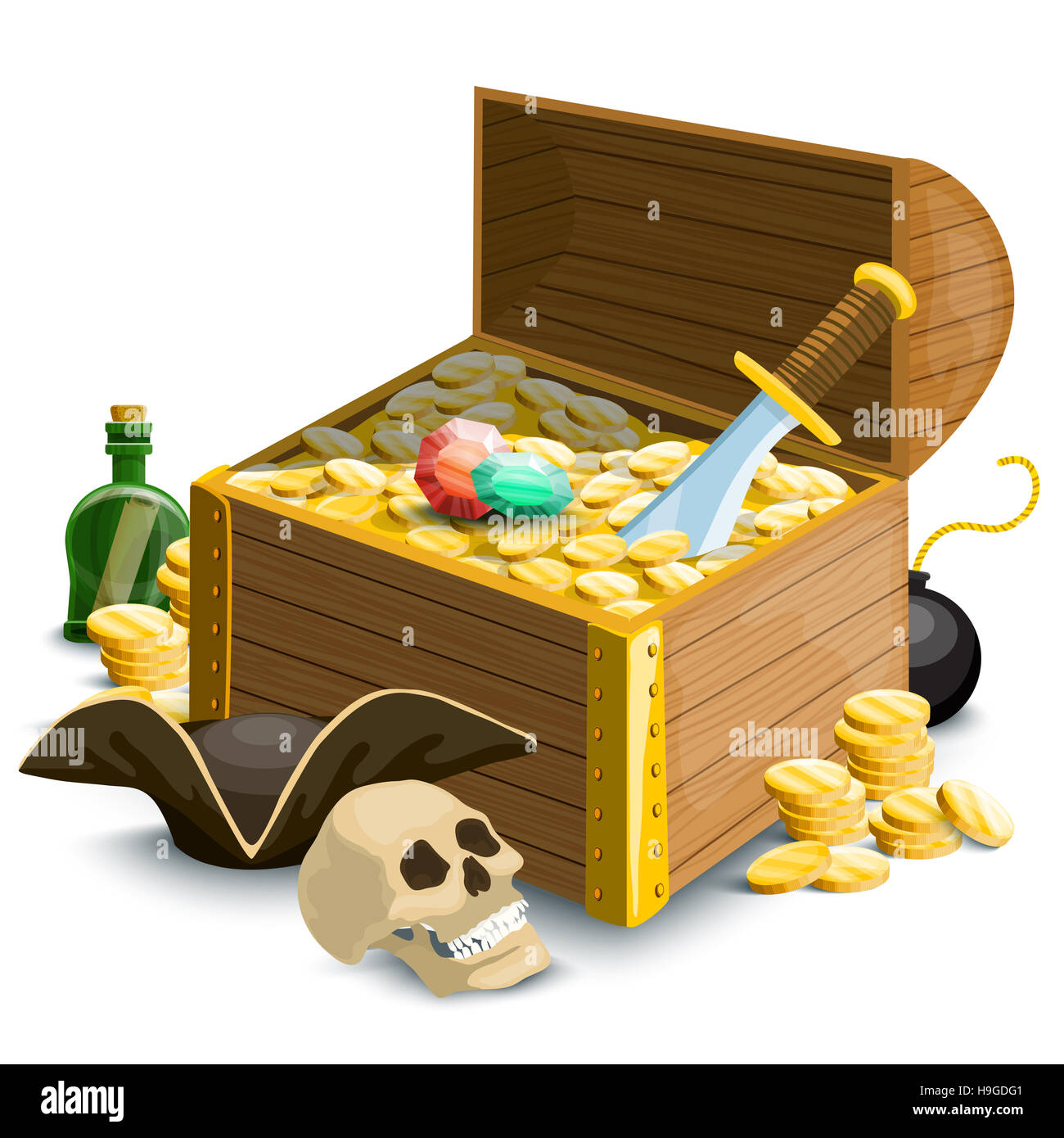 Pirate illustration. Set with coins,pirate treasure chest, skull and other objects Stock Photo