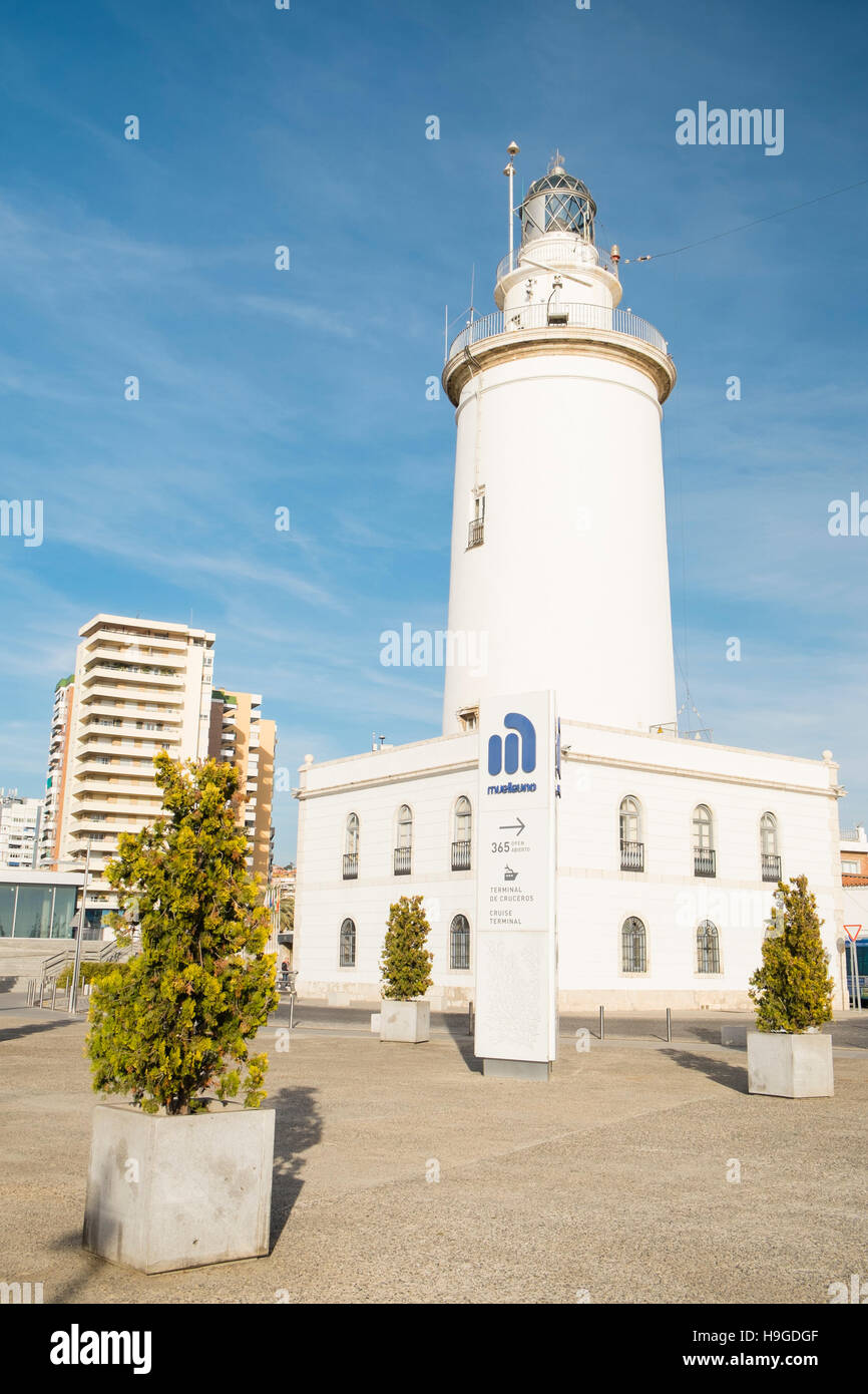 'La Farola', a lighthouse located on port of Malaga, Andalusia, Spain Stock Photo