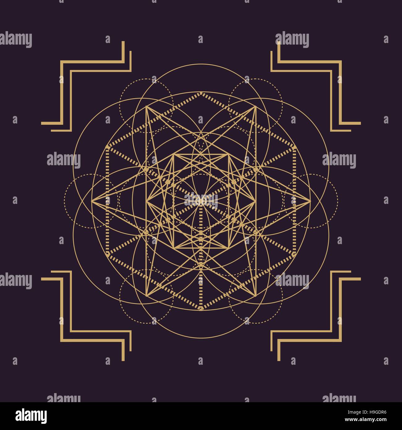 vector gold monochrome design abstract mandala sacred geometry illustration Metatron's cube circles isolated dark brown background Stock Vector
