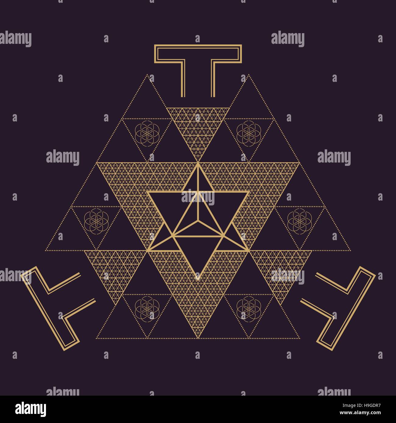 vector gold monochrome design abstract mandala sacred geometry illustration triangles Merkaba Seed of life signs isolated dark brown background Stock Vector